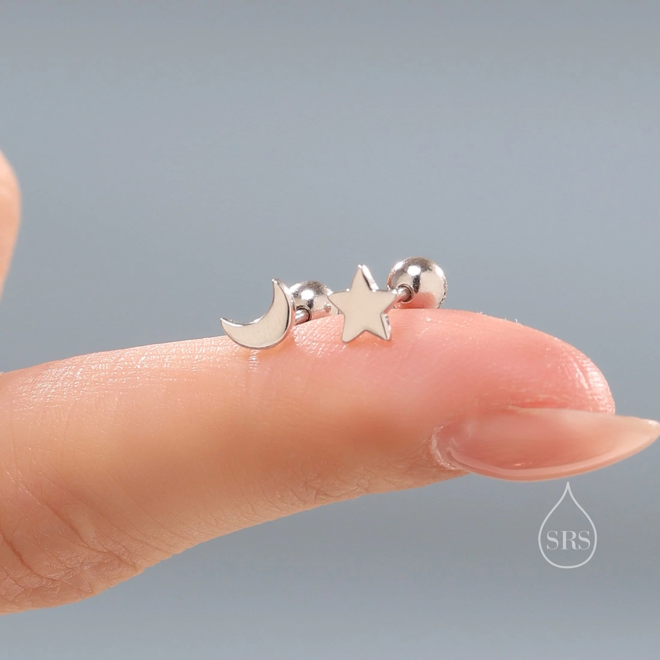 Mismatched Moon and Star 18G Screw Back in Sterling Silver - Image 5
