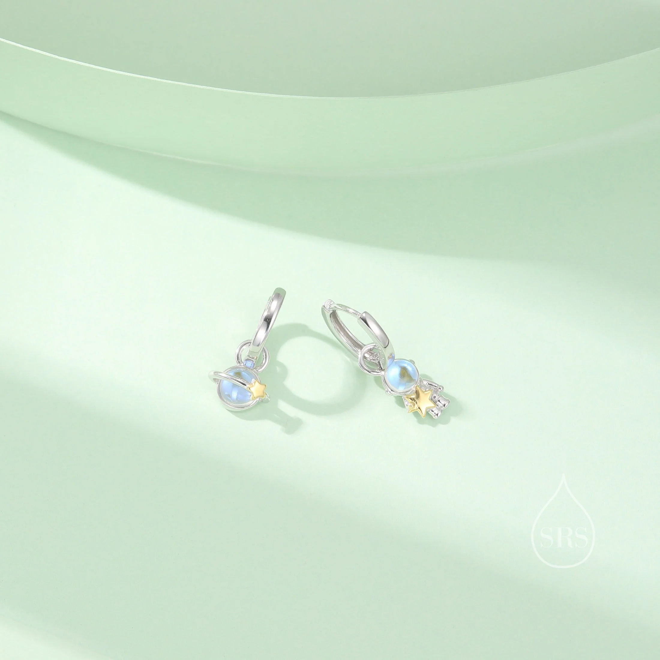 Mismatched Moonstone Astronaut and Planet Charmed Hoop Earrings in Sterling Silver - Cute Space Theme Huggie Hoop- Detachable Fun Hoops - Image 7
