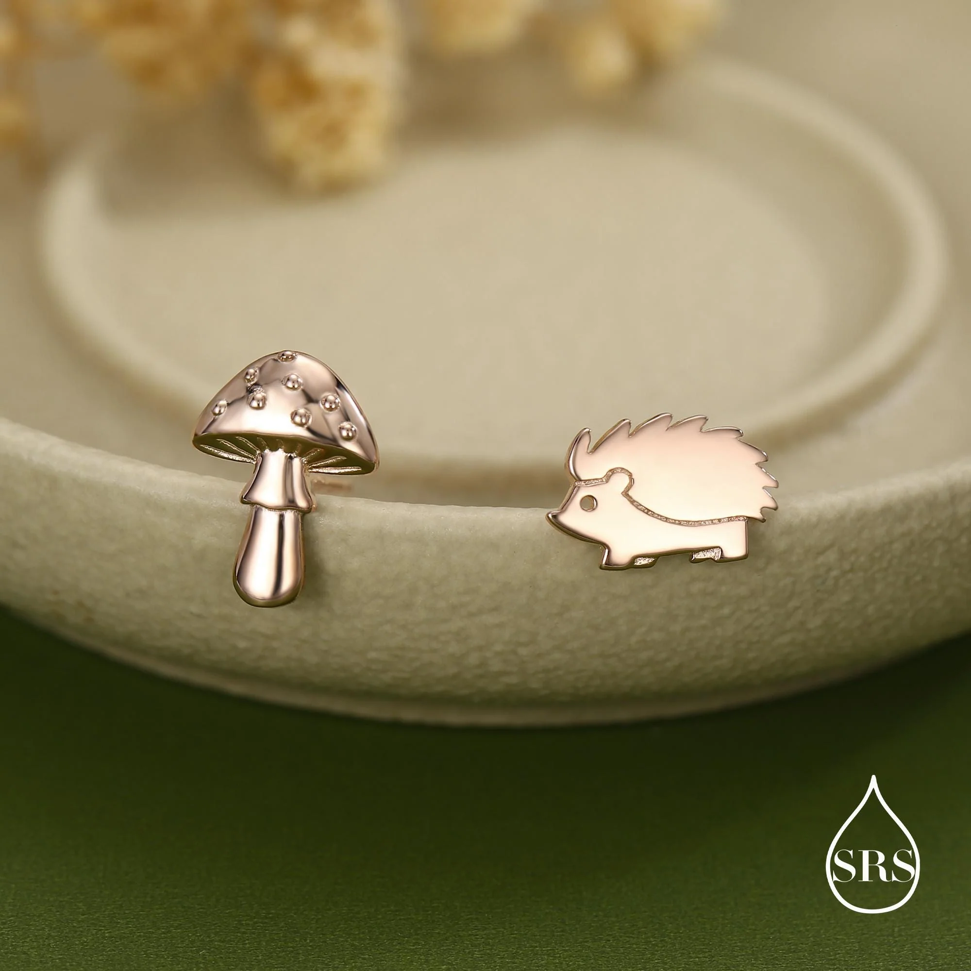 Mismatched Mushroom and Hedgehog Stud Earrings in Sterling Silver, Silver or Gold Finish, Oxidised Small Hedgehog and Mushroom Earrings - Image 5