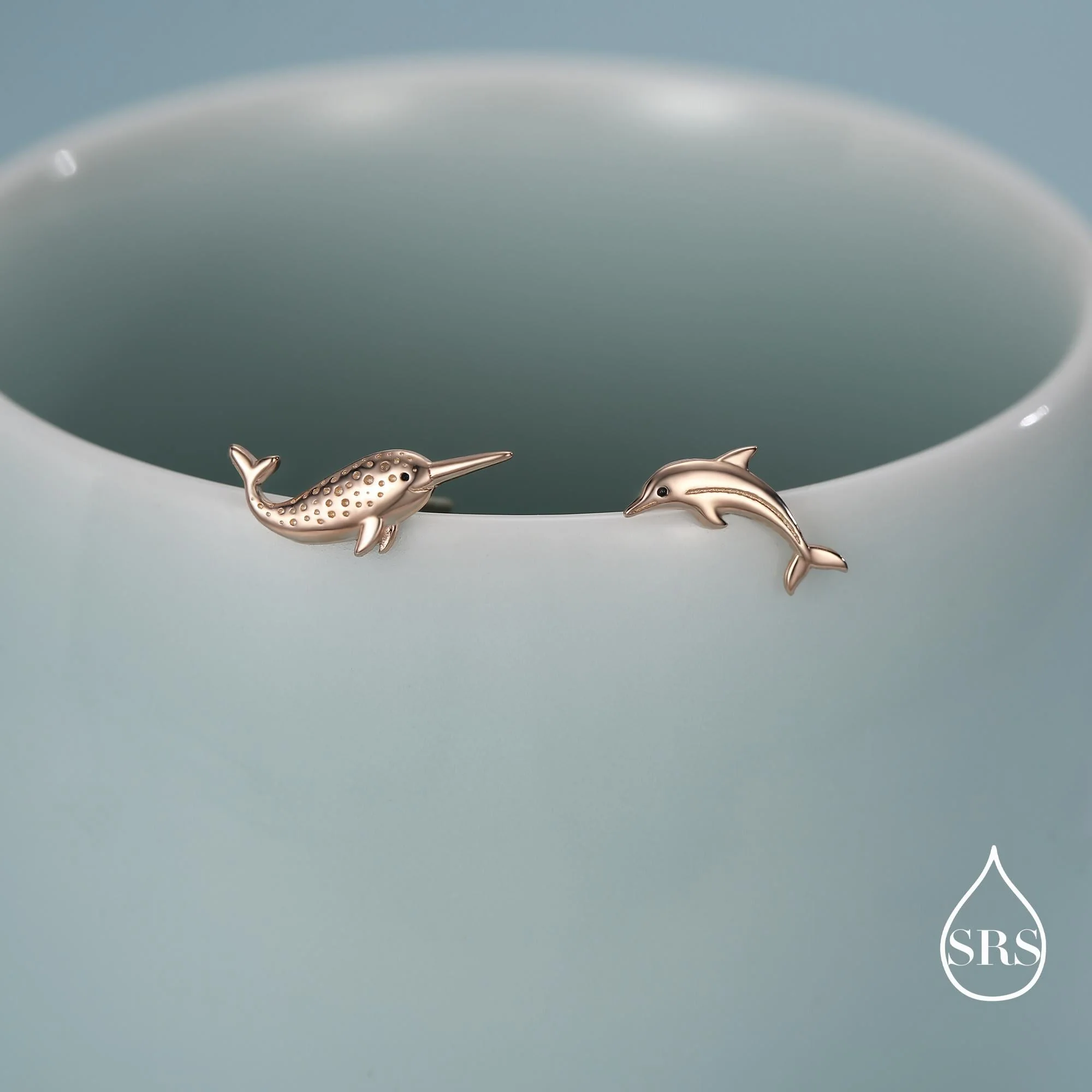 Mismatched Narwhal Unicorn Whale and Dolphin Stud Earrings in Sterling Silver - Image 4