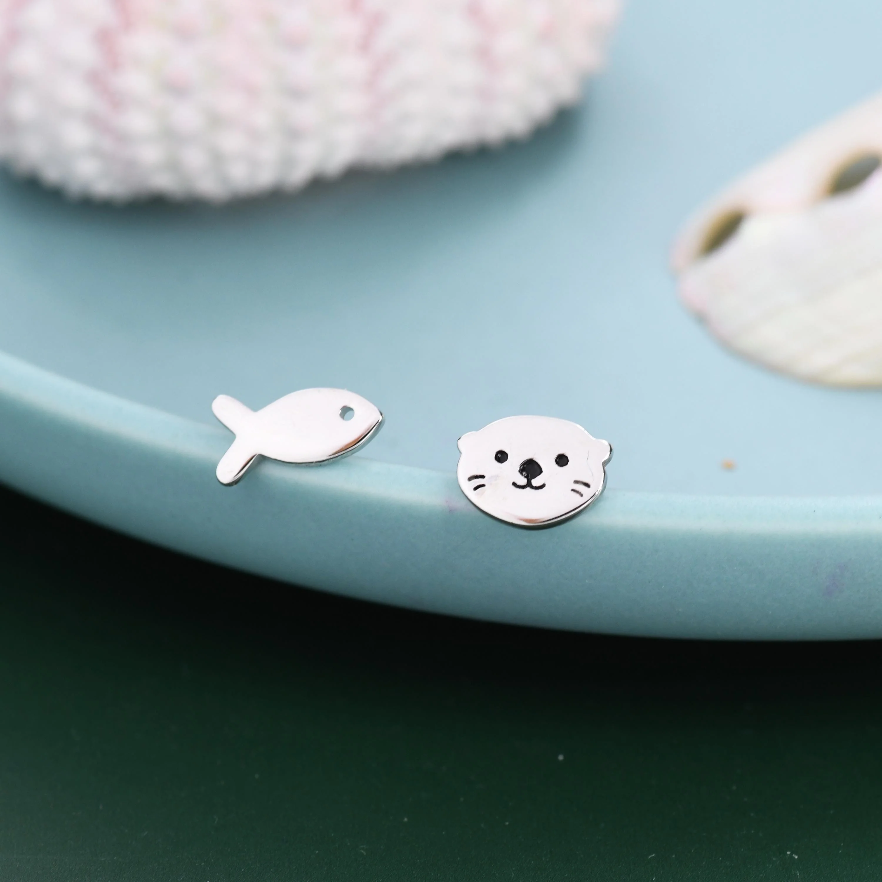 Mismatched Otter and Fish Stud Earrings in Sterling Silver - Asymmetric Cute Animal Earrings - Fun, Whimsical Earrings - Image 3