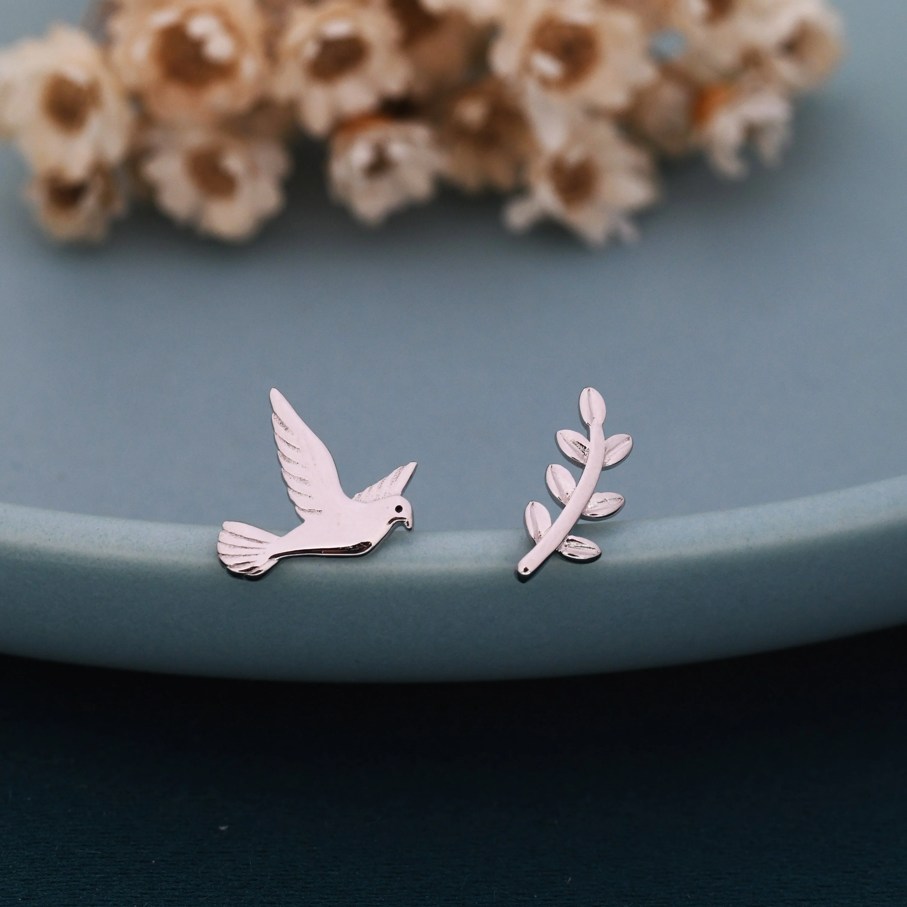 Mismatched Peace Dove and Olive Branch Stud Earrings in Sterling Silver, Asymmetric Peace Bird and Leaf Earrings - Image 2