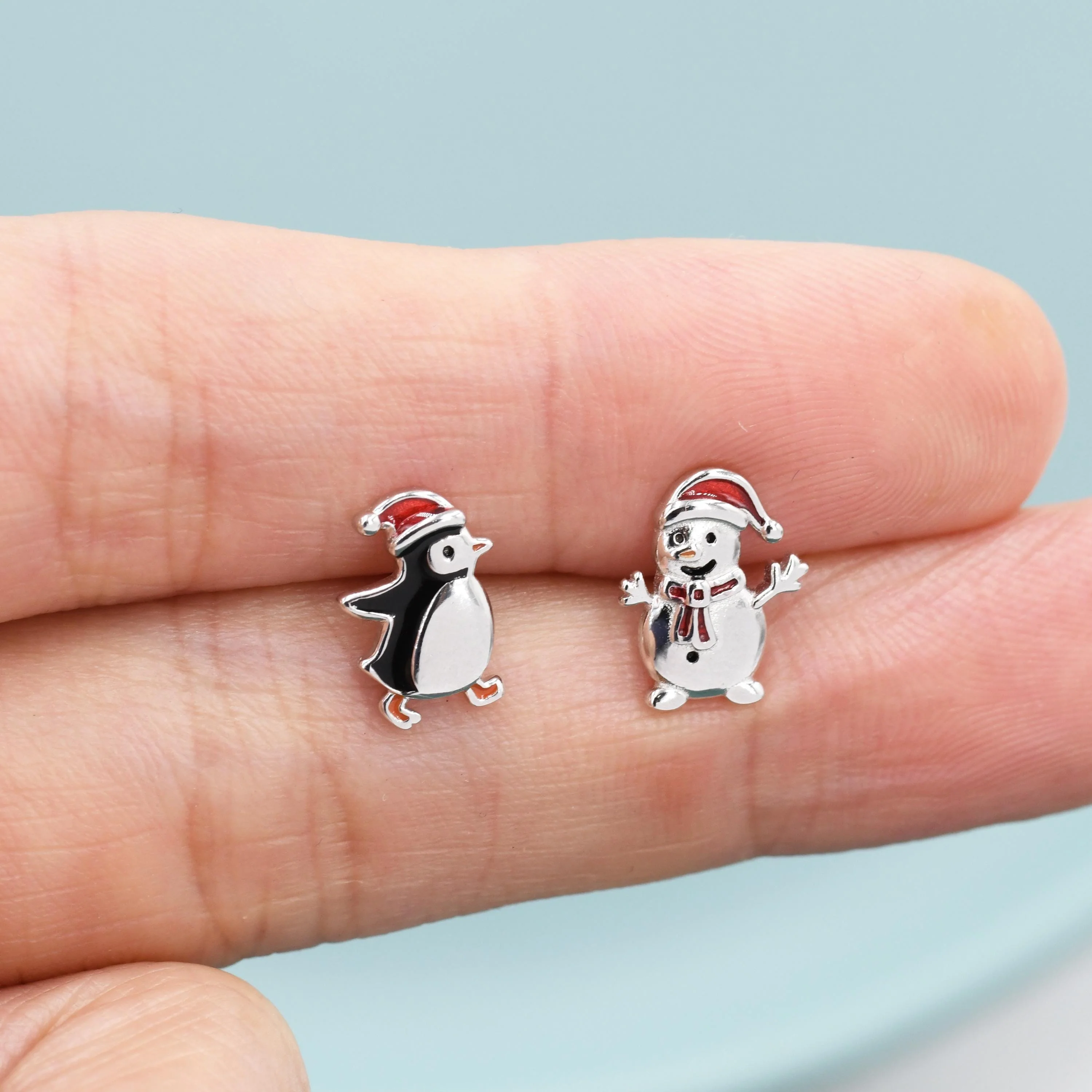 Mismatched Penguin and Snowman with Christmas Hat Stud Earrings in Sterling Silver, Asymmetric Winter Earrings, Christmas Earrings - Image 4