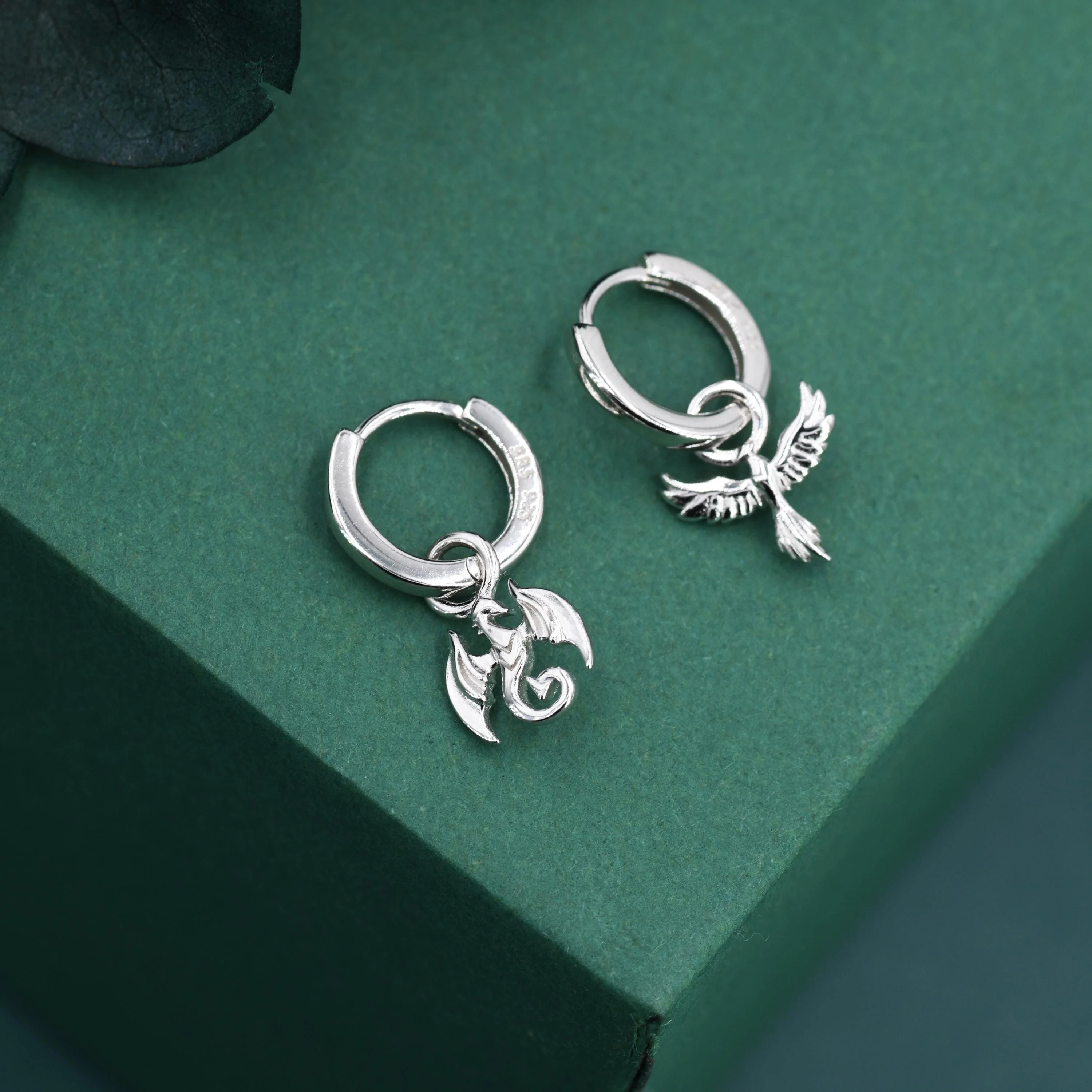 Mismatched Phoenix and Dragon Charm Huggie Hoop Earrings in Sterling Silver, Silver or Gold Finish, Phoenix Earrings, Detachable Charm Hoops - Image 5