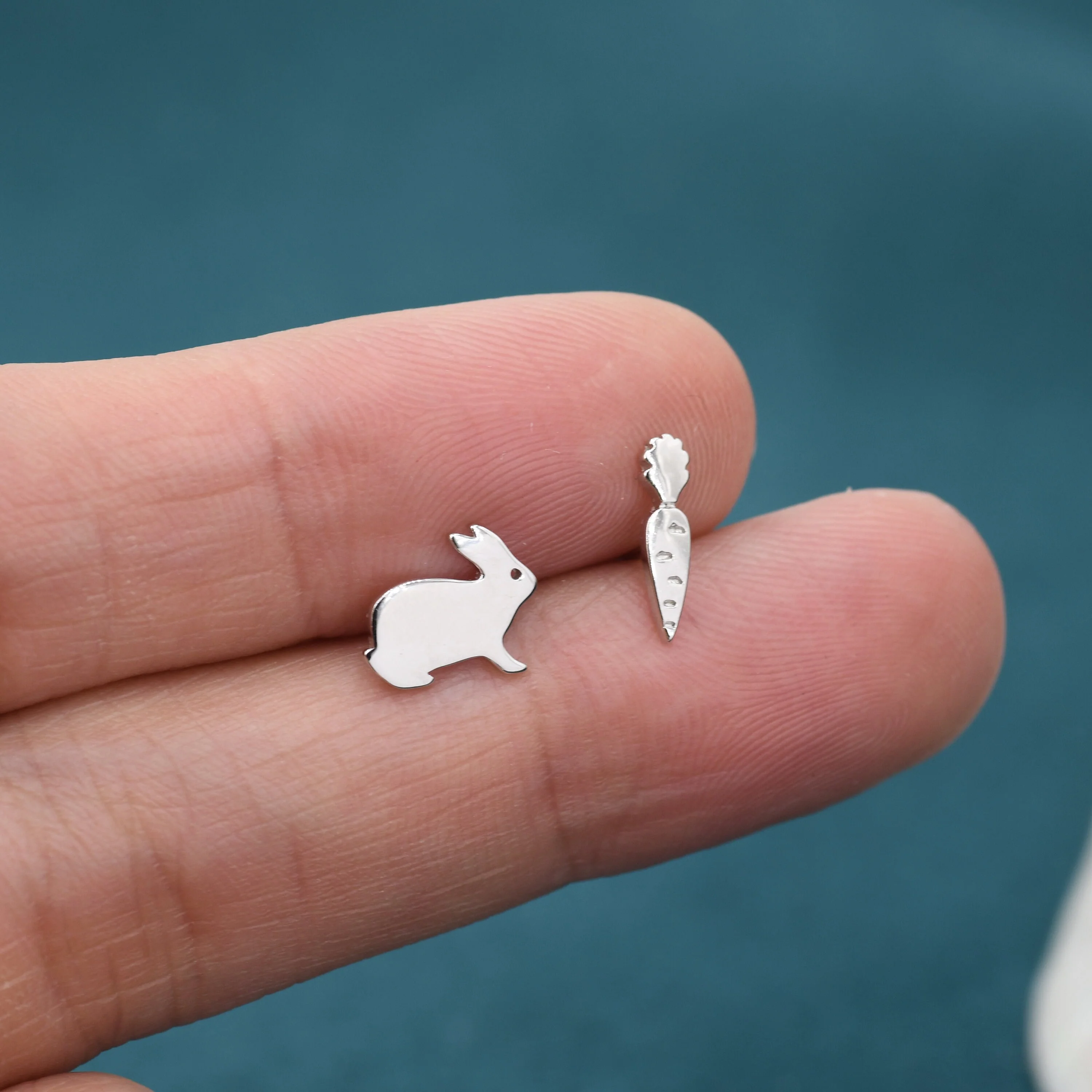 Mismatched Rabbit and Carrot Stud Earrings in Sterling Silver, Asymmetric Bunny and Carrot Earrings - Image 4
