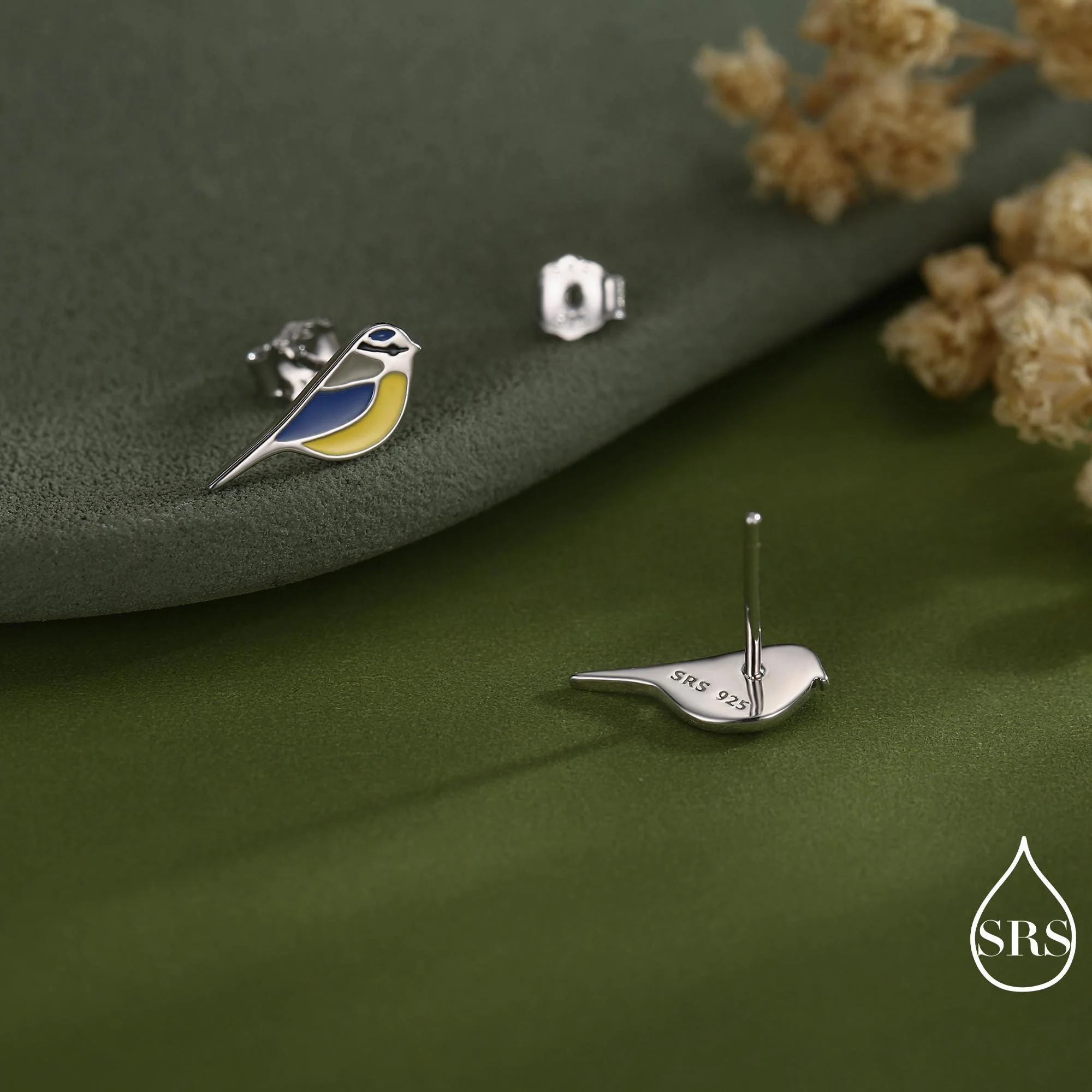 Mismatched Robin and Blue Tit Bird Stud Earrings in Sterling Silver, Asymmetric Blue Tit and Robin Earrings, Hand Painted Enamel - Image 5