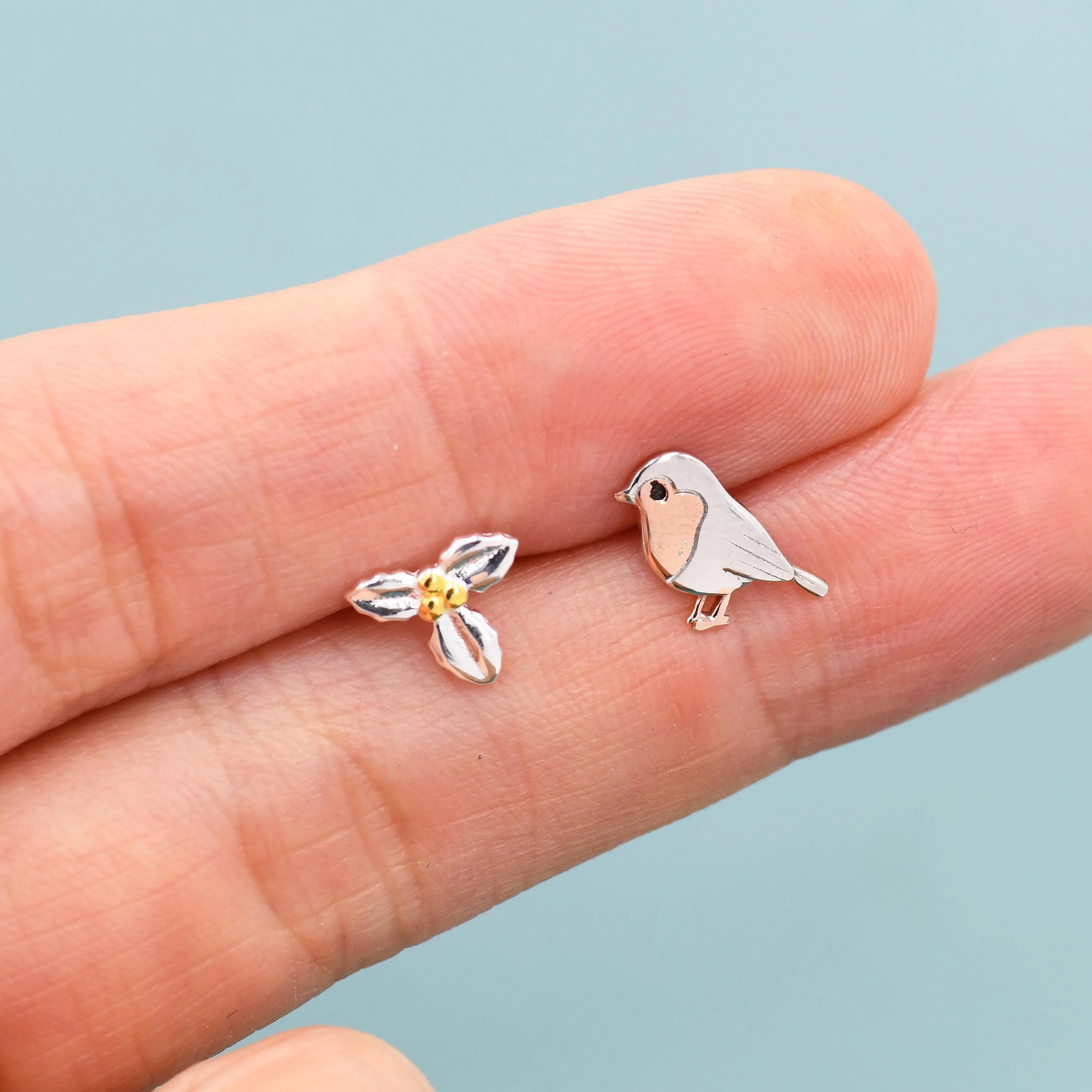 Mismatched Robin Bird and Holly Stud Earrings in Sterling Silver, Asymmetric Christmas Bird Earrings, Nature Inspired Earrings - Image 5