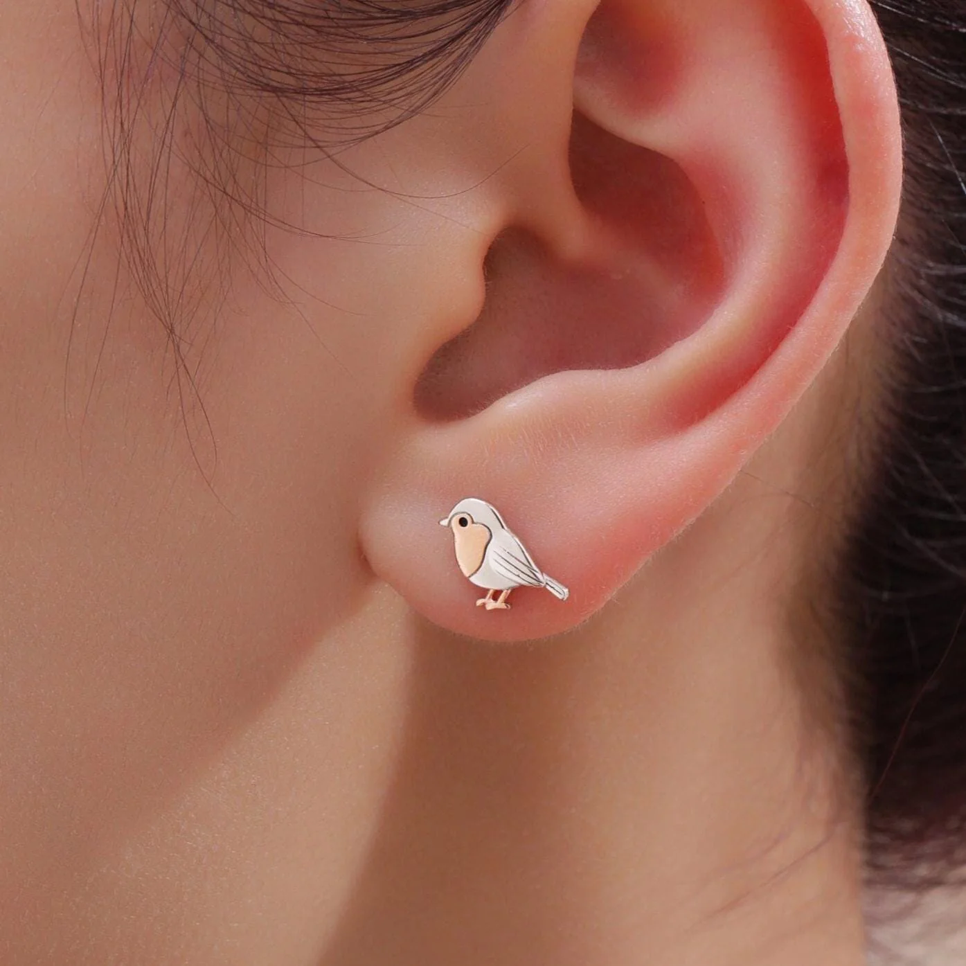 Mismatched Robin Bird and Holly Stud Earrings in Sterling Silver, Asymmetric Christmas Bird Earrings, Nature Inspired Earrings - Image 7