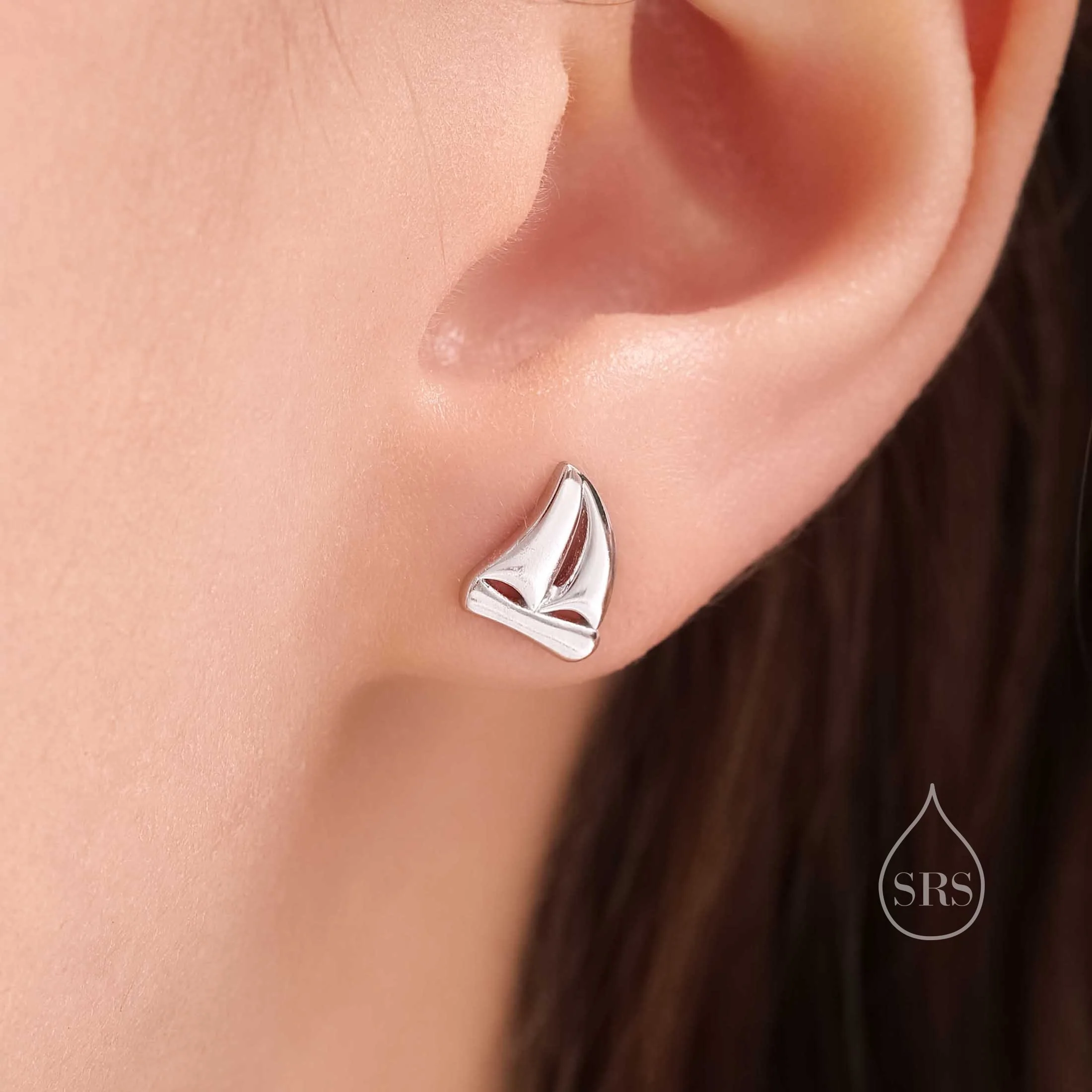 Mismatched Sailing Boat and Anchor Stud Earrings in Sterling Silver, Silver, Gold or Rose Gold, Asymmetric Boat Earrings, Sailing Earrings - Image 2