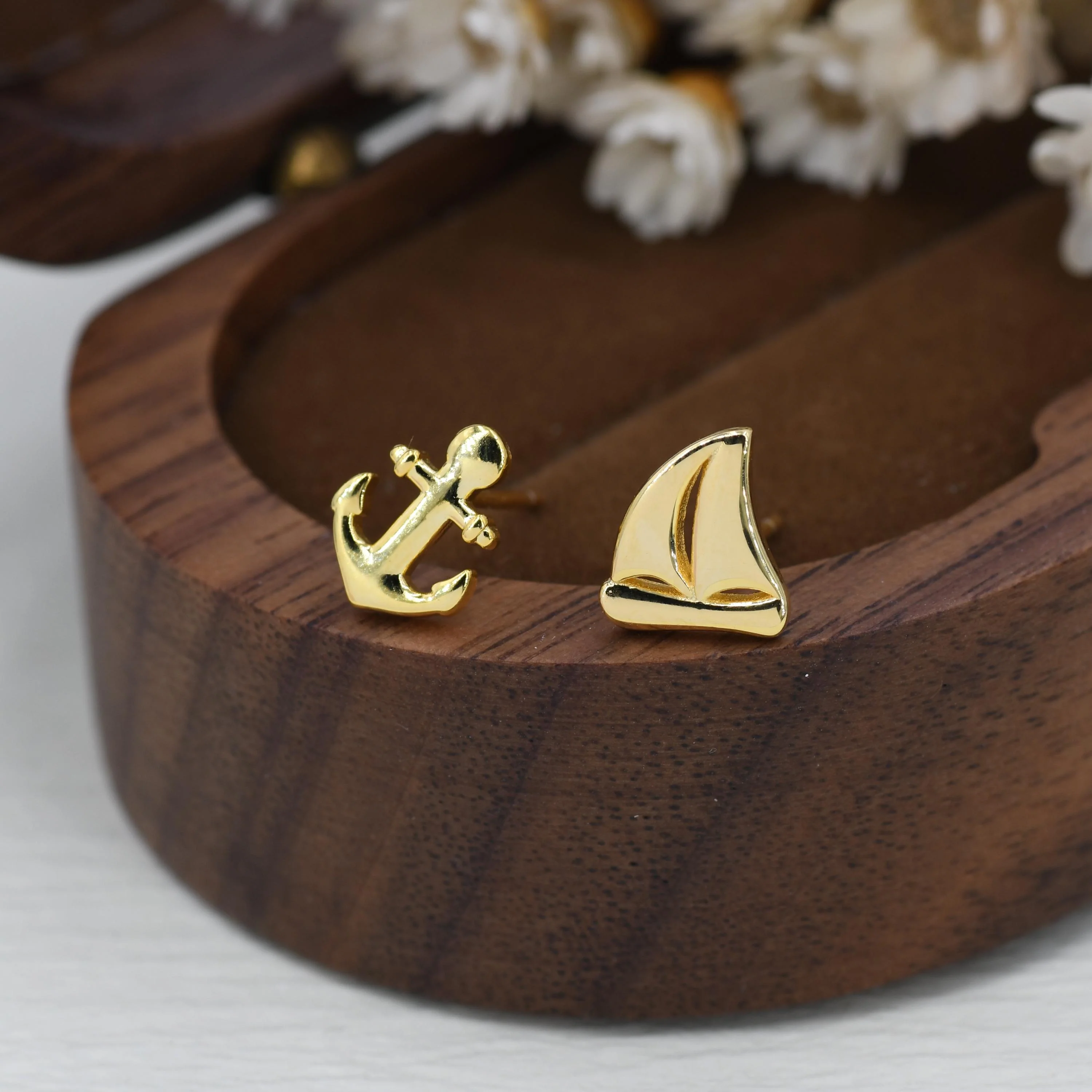 Mismatched Sailing Boat and Anchor Stud Earrings in Sterling Silver, Silver, Gold or Rose Gold, Asymmetric Boat Earrings, Sailing Earrings - Image 6