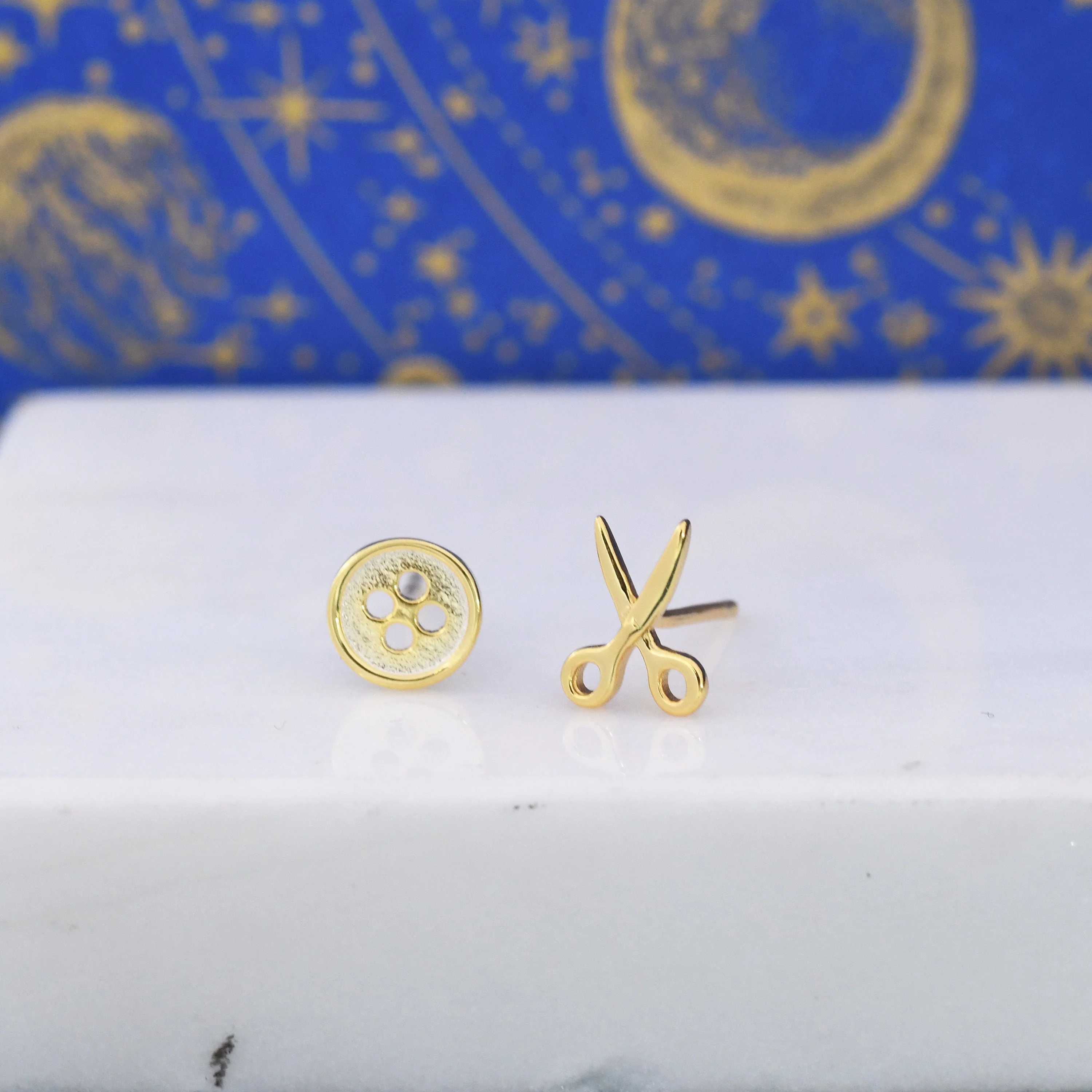 Mismatched Scissors and Button Stud Earrings in Sterling Silver, Silver or Gold, Asymmetric Button and Scissors Earrings, Fun and Quirky DIY - Image 5