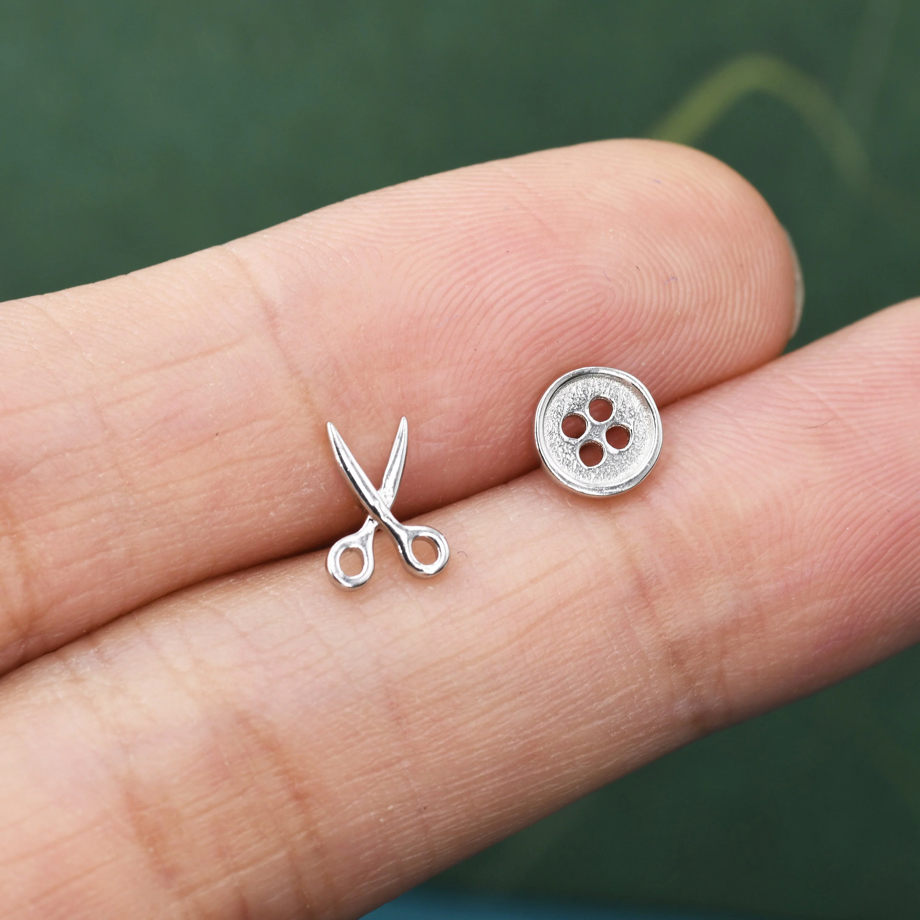 Mismatched Scissors and Button Stud Earrings in Sterling Silver, Silver or Gold, Asymmetric Button and Scissors Earrings, Fun and Quirky DIY - Image 6