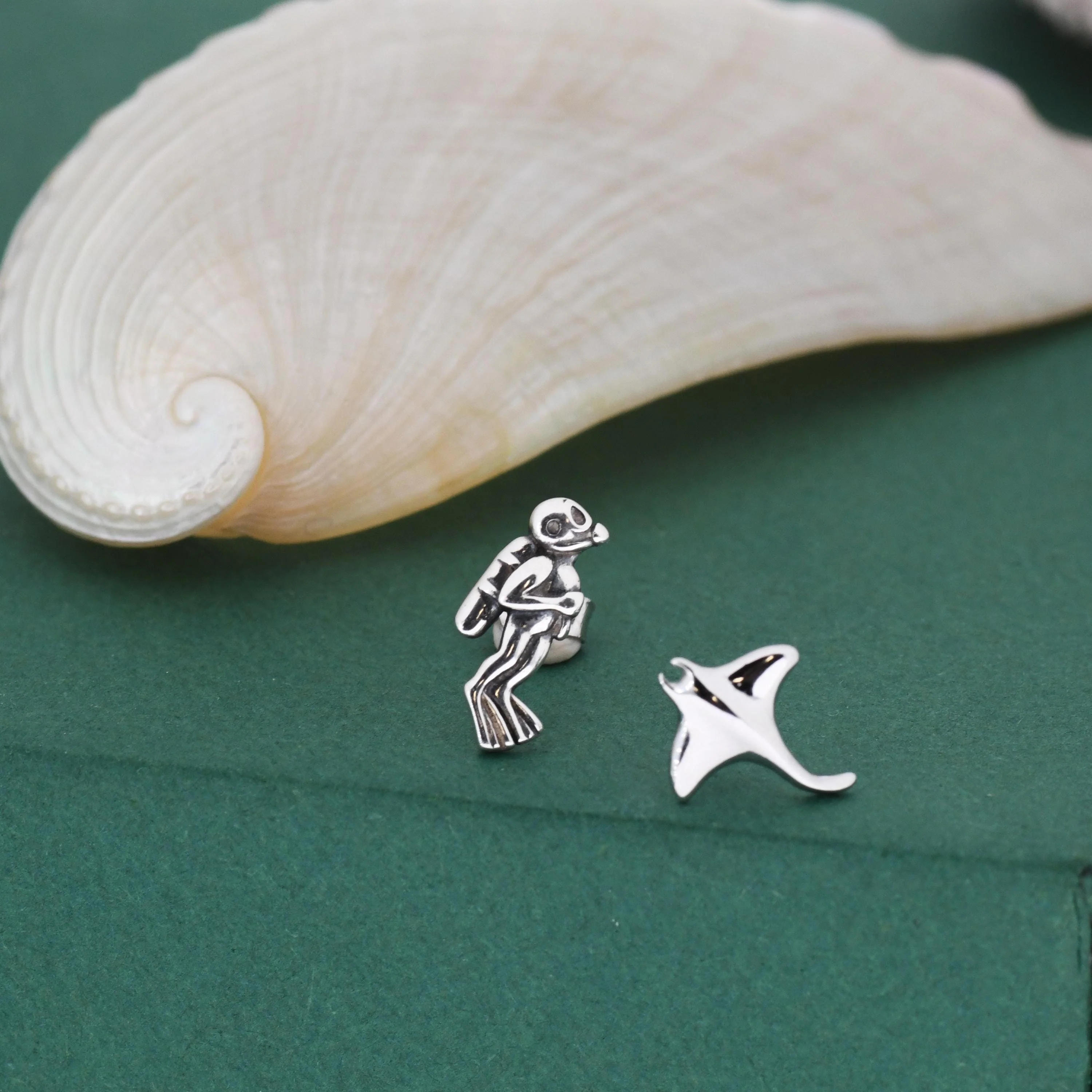 Mismatched Scuba Diver & Manta Ray Stud Earrings in Sterling Silver – Ocean Inspired Asymmetric Earrings, Minimalist Sea Life Jewellery - Image 2