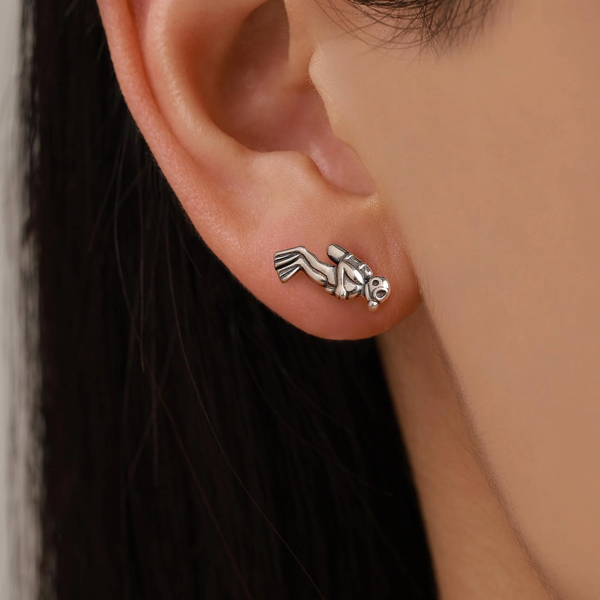 Mismatched Scuba Diver & Whale Shark Stud Earrings In Sterling Silver – Ocean Inspired Asymmetric Earrings, Minimalist Sea Life Jewellery - Image 3