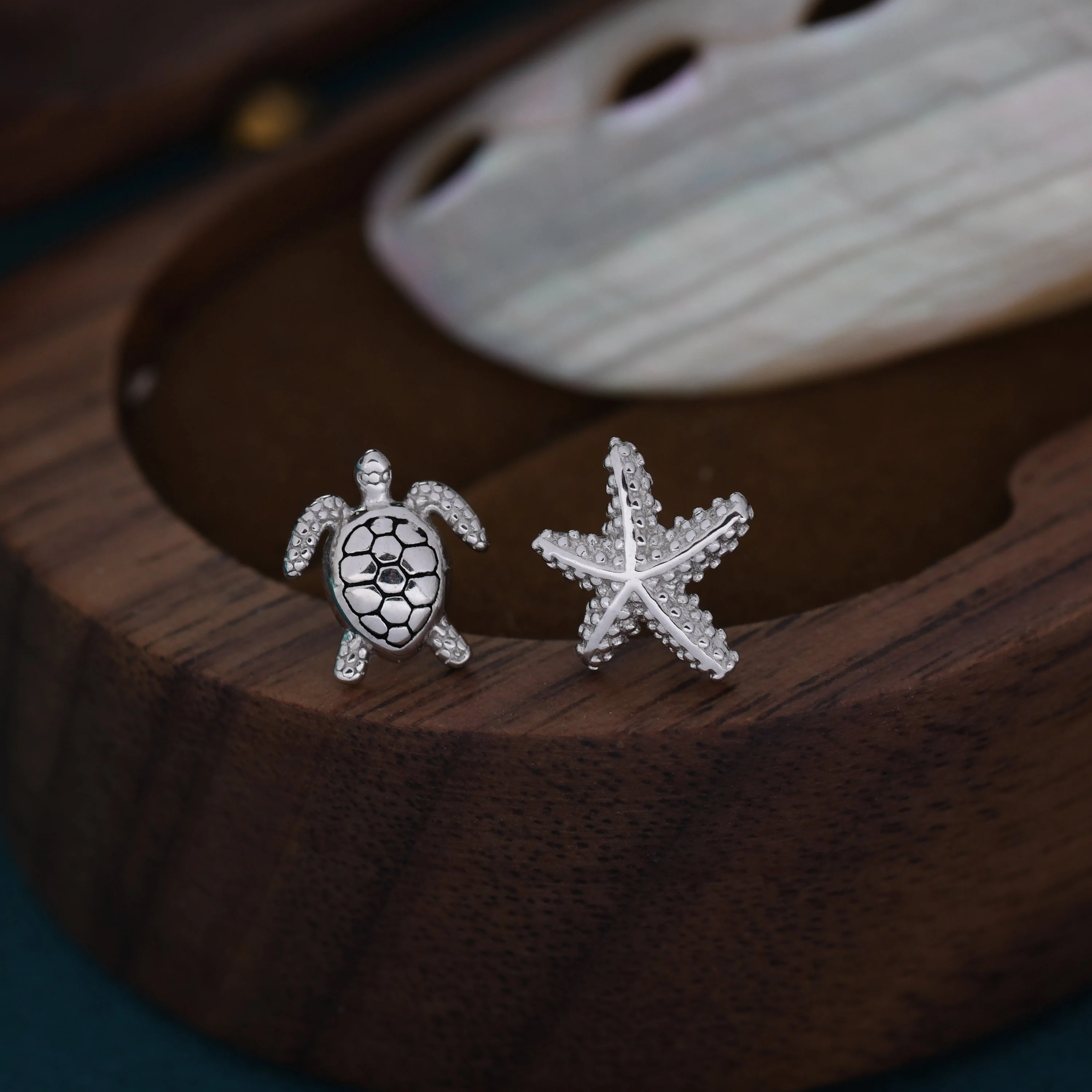 Mismatched Sea Turtle and Sea Star Stud Earrings in Sterling Silver, Asymmetric Starfish and Sea Turtle Earrings - Image 2