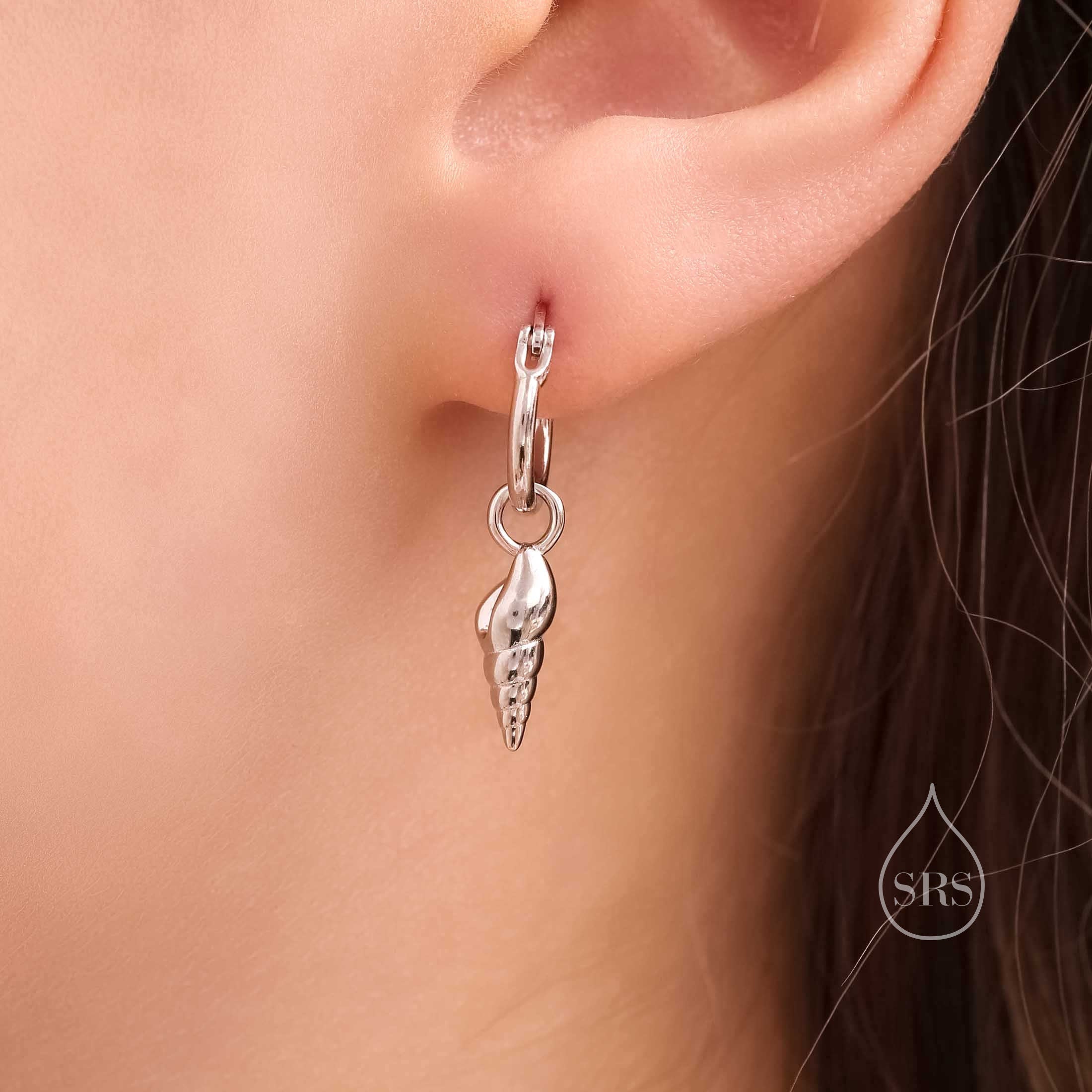 Mismatched Shell Huggie Hoops Earrings in Sterling Silver, Silver or Gold or Rose Gold, Ocean Earrings, Asymmetric Sea Shell Earrings, - Image 2