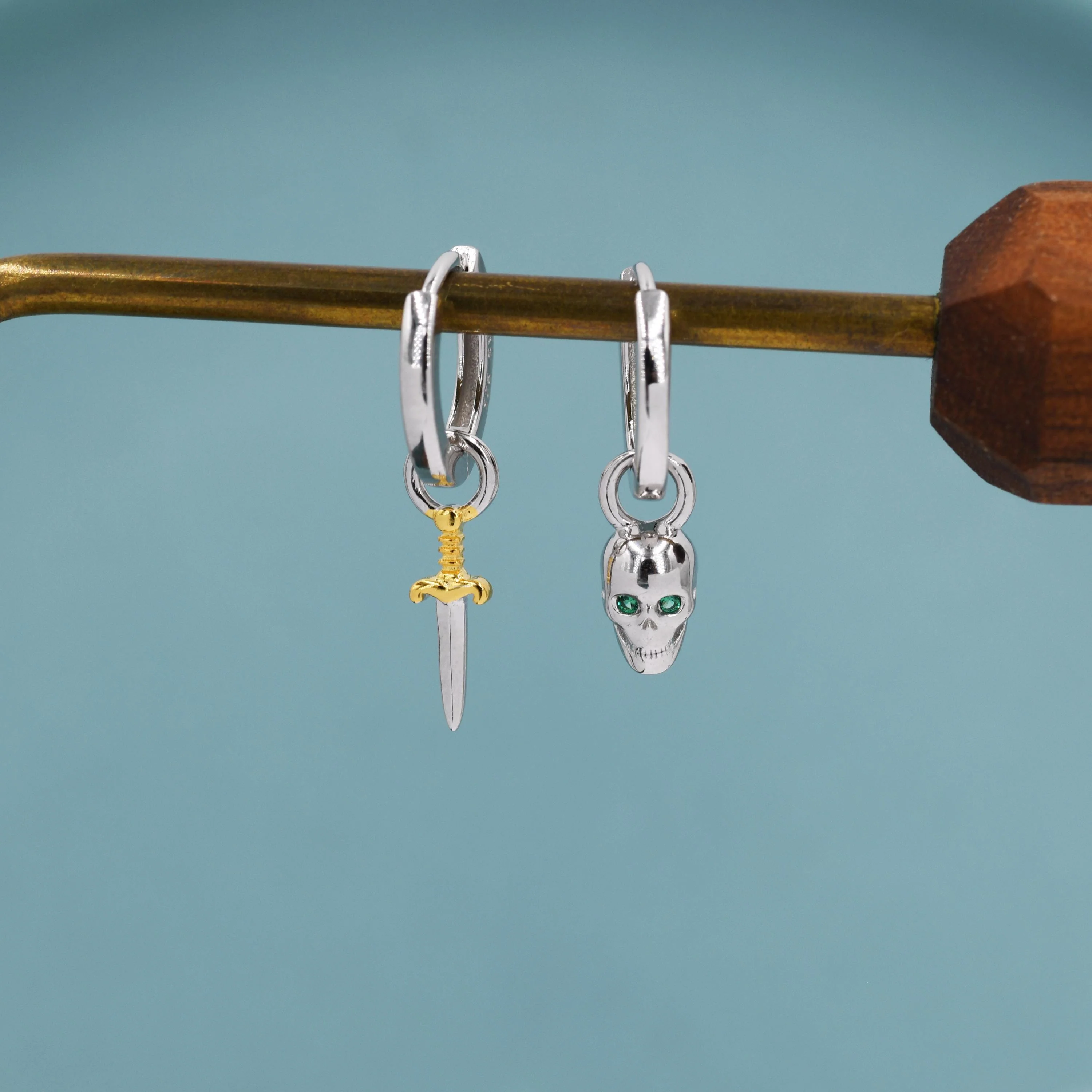 Mismatched Skull and Sword Huggie Hoop Earrings in Sterling Silver, Tiny Detachable Skull and Sword Charms, Silver Skull Hoop Earrings