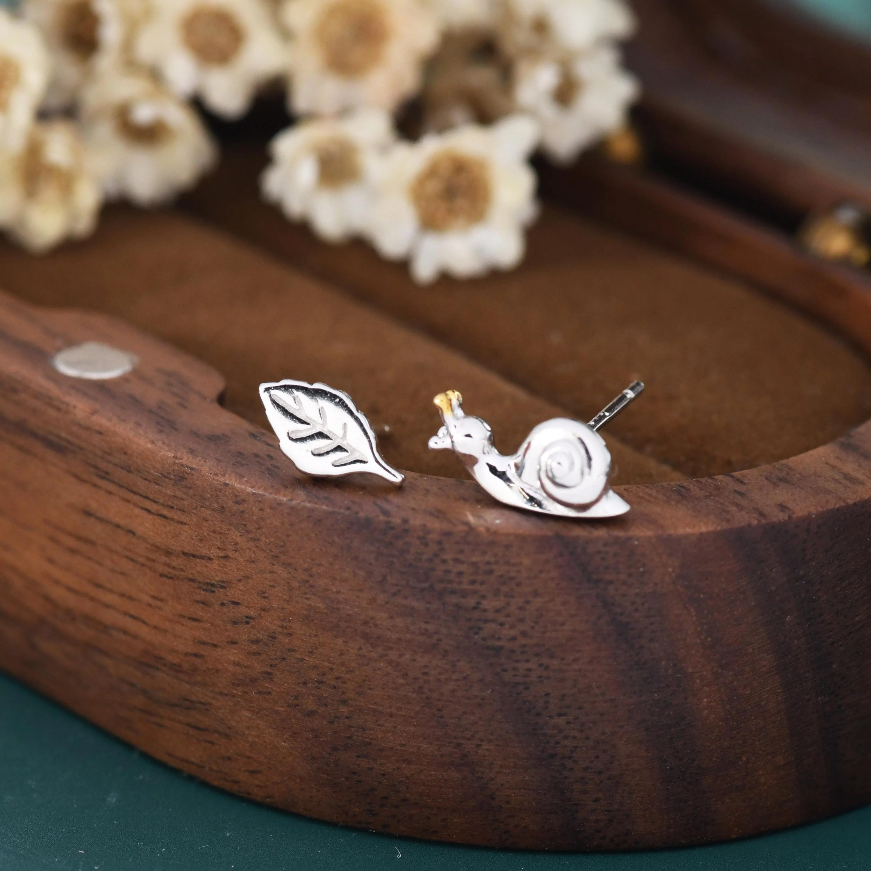 Mismatched Snail and Leaf Stud Earrings in Sterling Silver, Asymmetric Tiny Leaf and Snail Nature Inspired Animal Earrings - Image 2