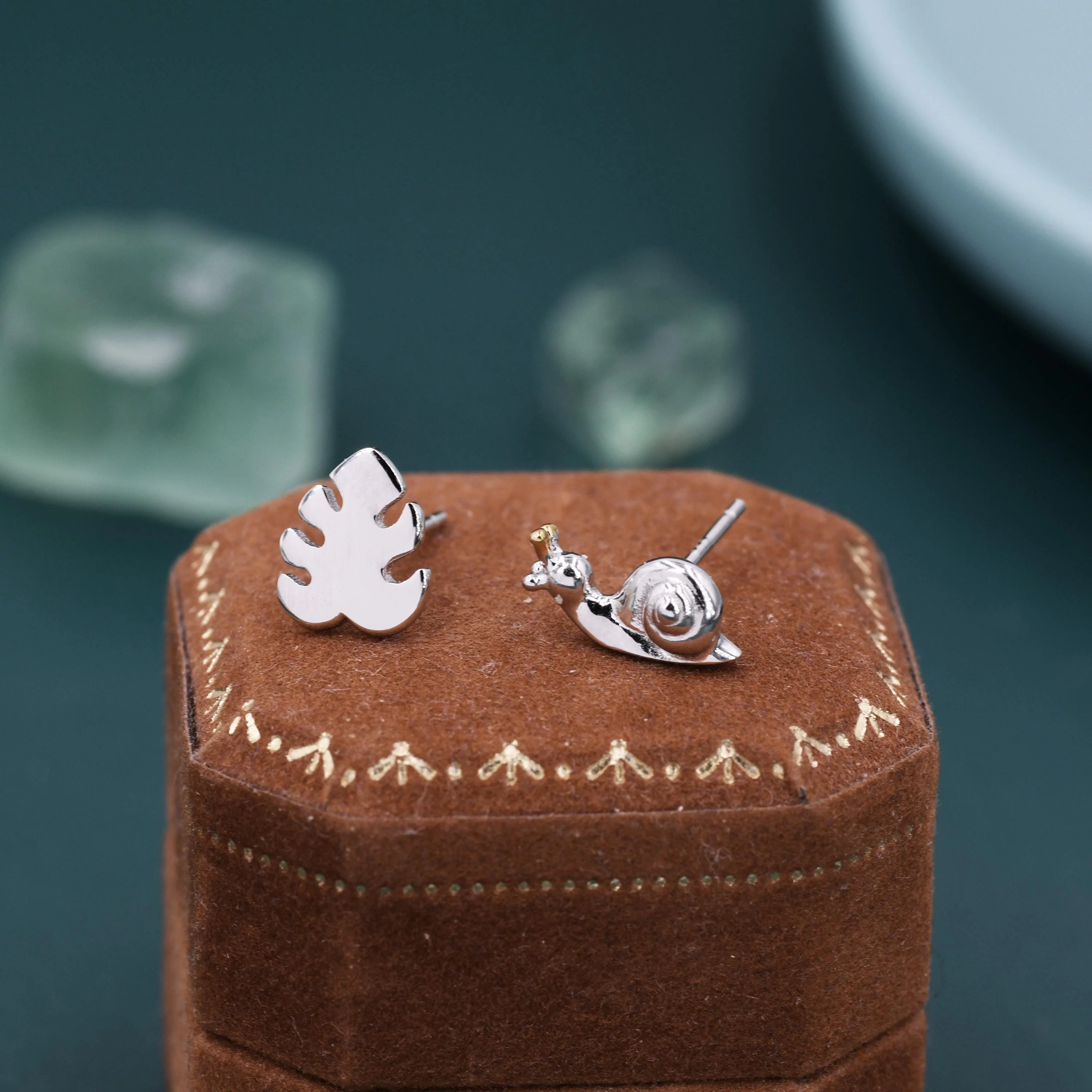 Mismatched Snail and Monstera Leaf Stud Earrings in Sterling Silver, Asymmetric Monstera Leaf and Snail Nature Inspired Animal Earrings