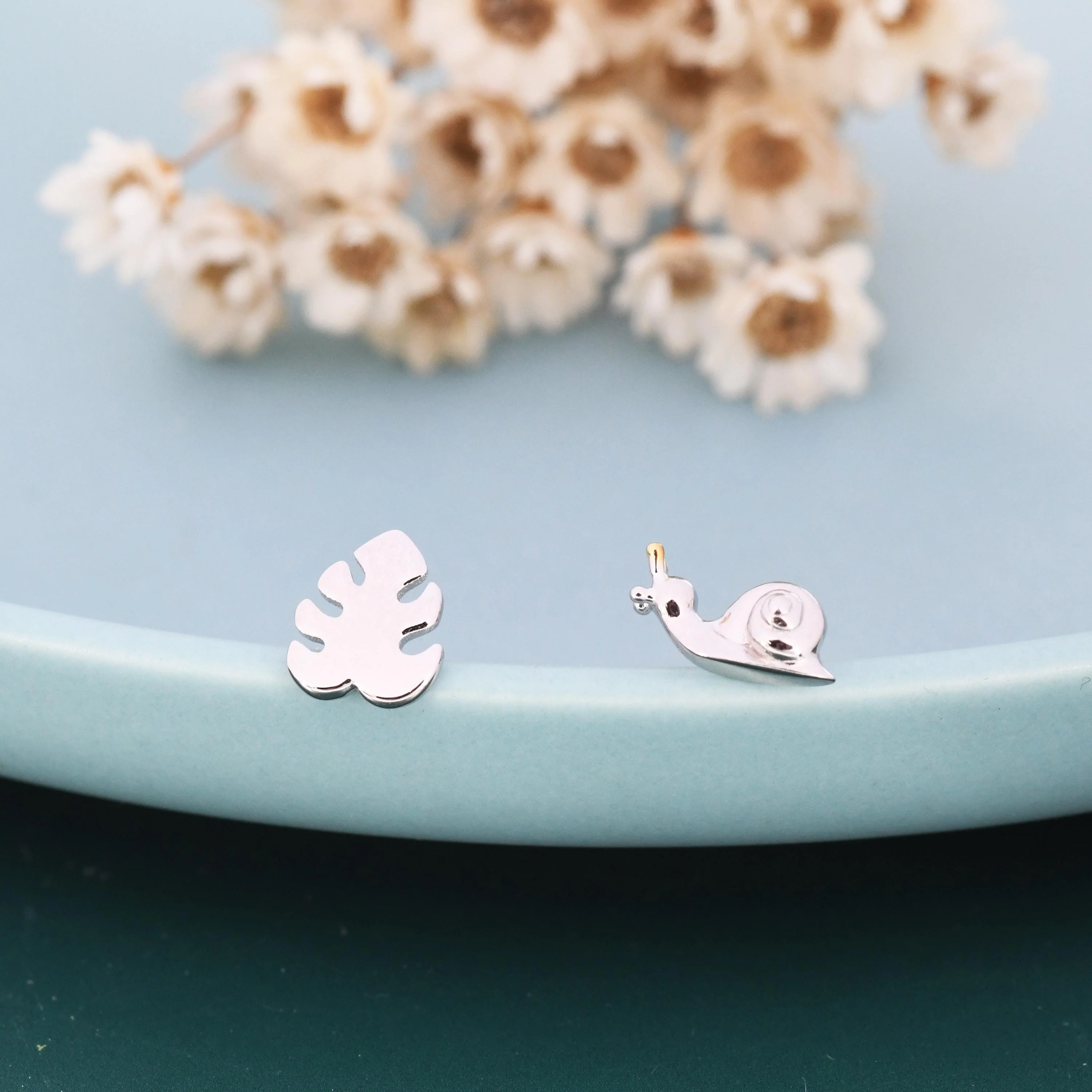 Mismatched Snail and Monstera Leaf Stud Earrings in Sterling Silver, Asymmetric Monstera Leaf and Snail Nature Inspired Animal Earrings - Image 3