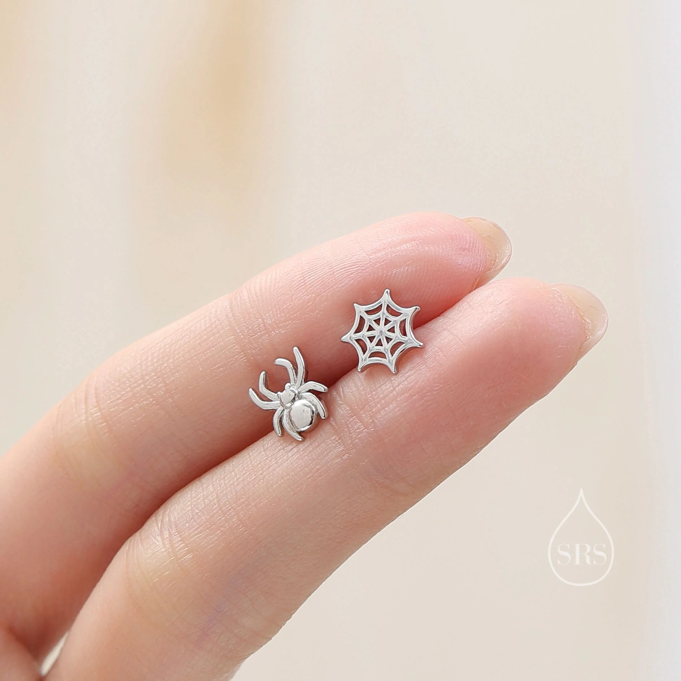 Mismatched Spider and Spider Web Stud Earrings in Sterling Silver, Silver or Gold, Nature Inspired, Insect Earrings - Image 3