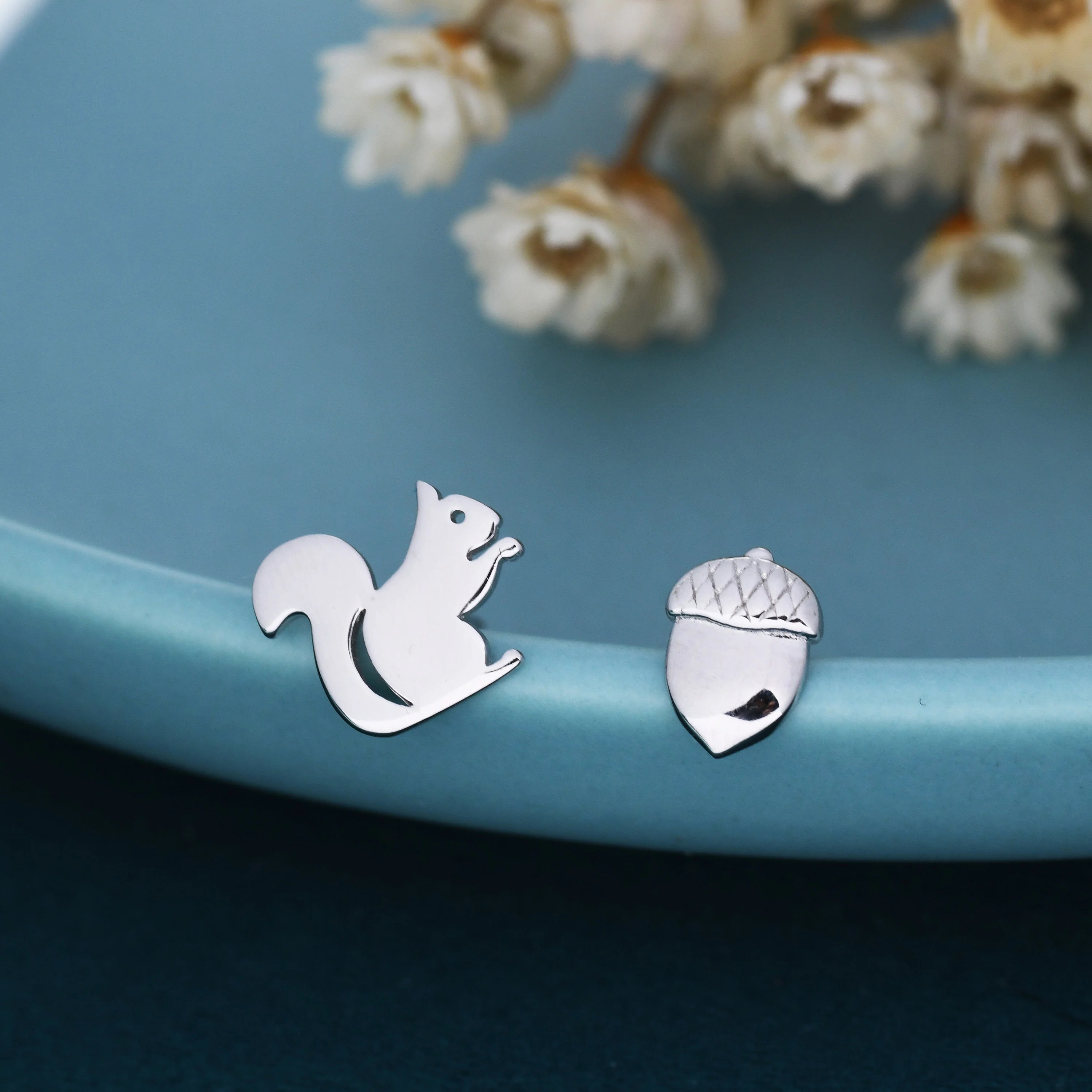 Mismatched Squirrel and Acorn Stud Earrings in Sterling Silver, Silver or Gold, Squirrel Earrings, Asymmetric Squirrel and Nut Earrings - Image 2