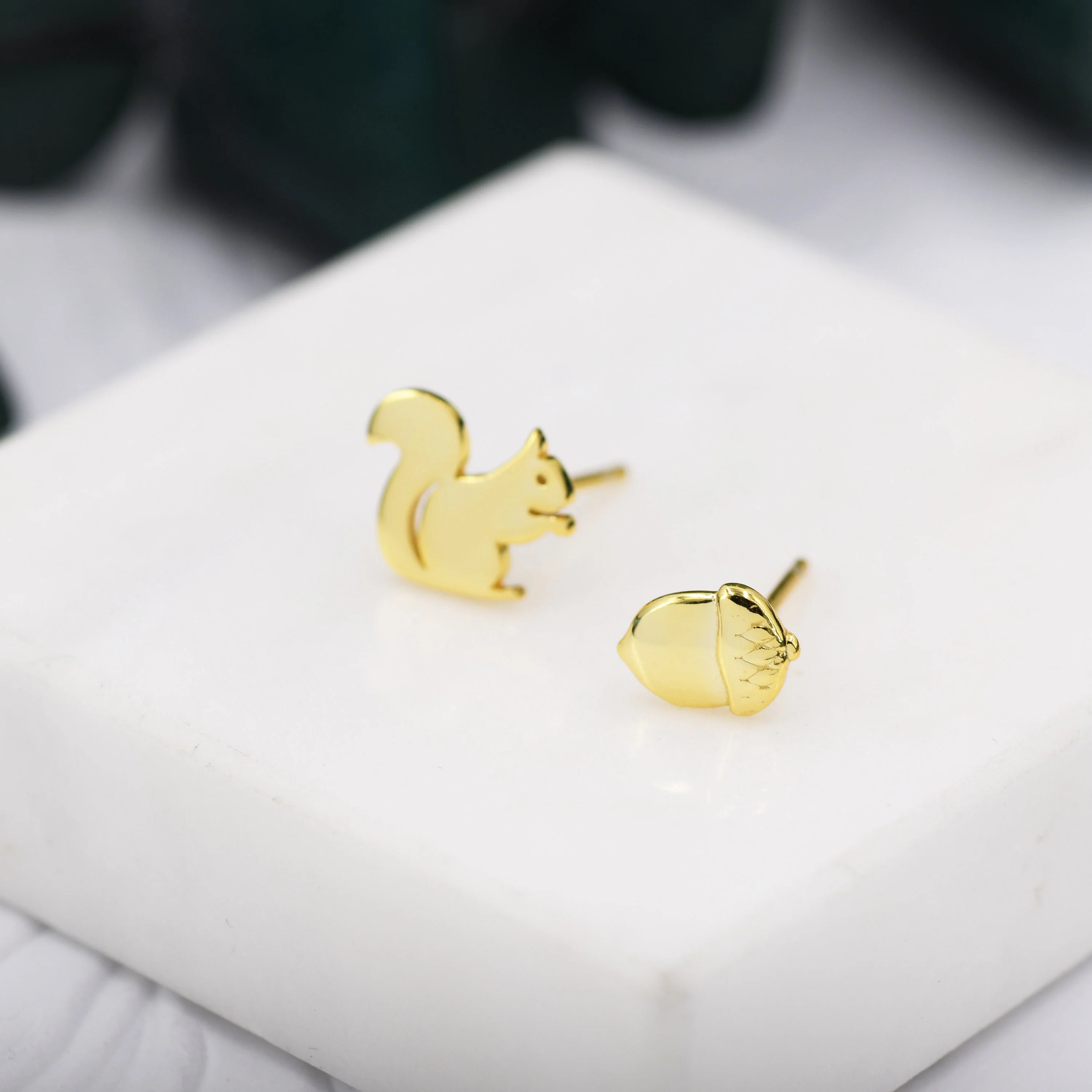 Mismatched Squirrel and Acorn Stud Earrings in Sterling Silver, Silver or Gold, Squirrel Earrings, Asymmetric Squirrel and Nut Earrings - Image 4