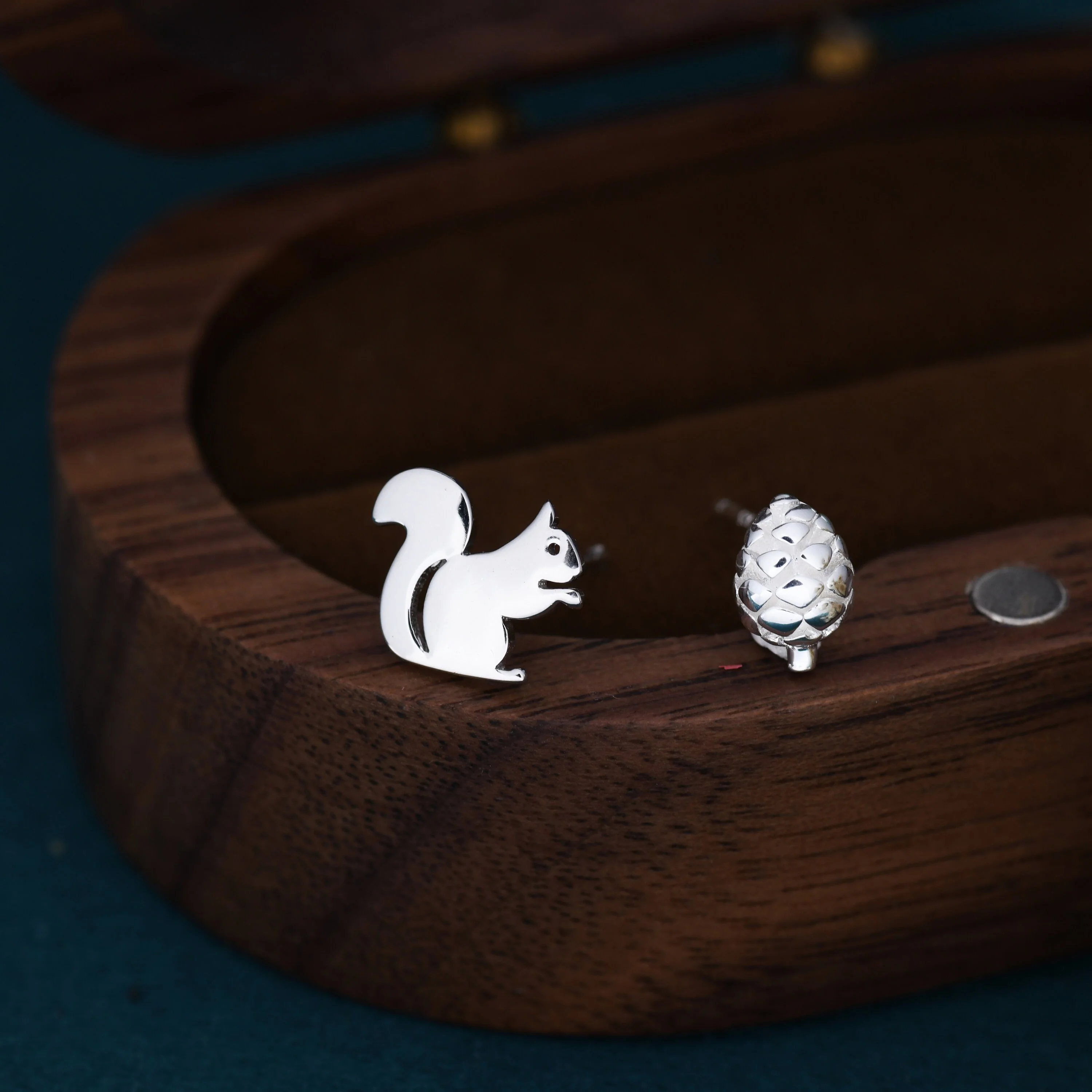 Mismatched Squirrel and Pinecone Stud Earrings in Sterling Silver, Squirrel Earrings, Pine Cone Earrings - Image 5