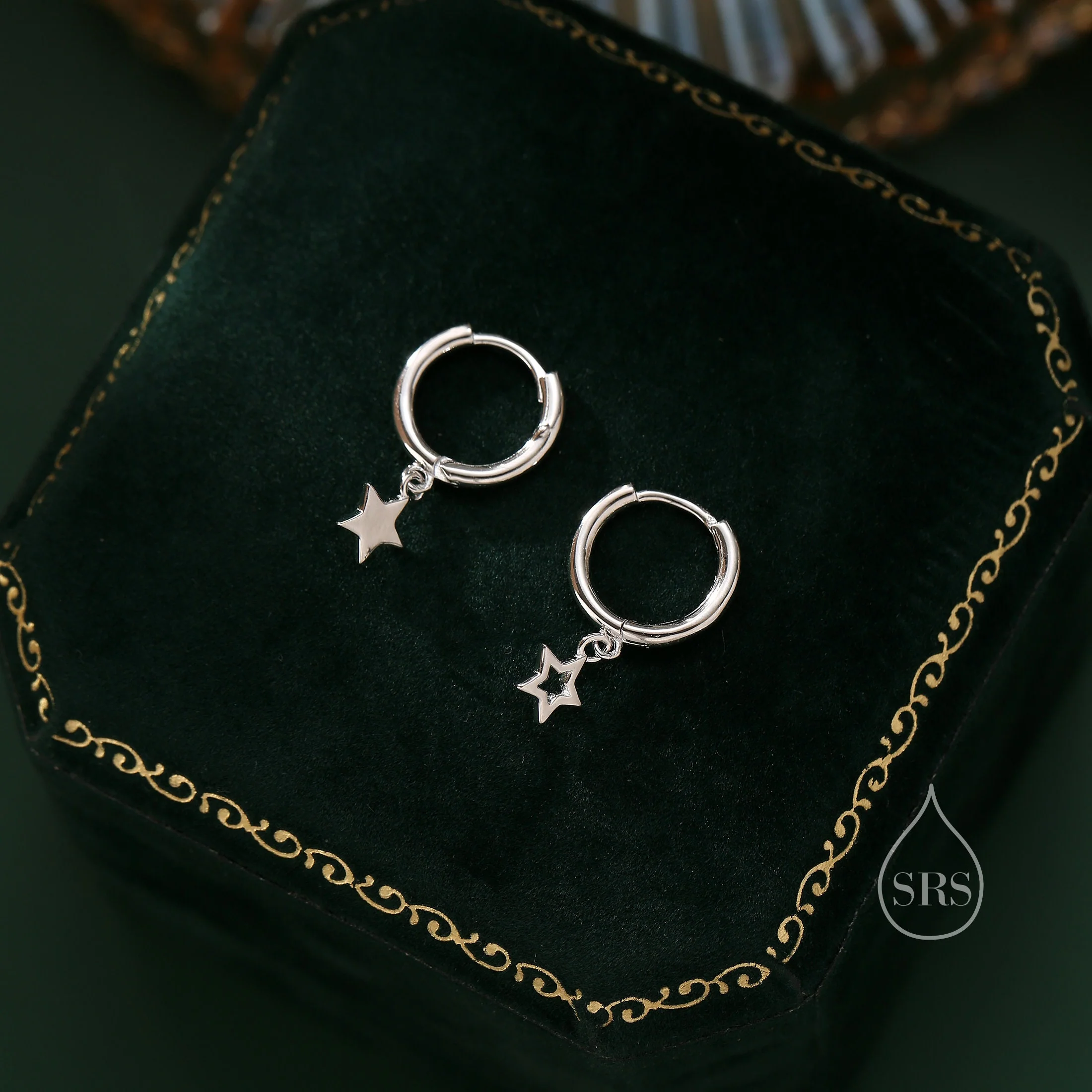Mismatched Star Dangle Huggie Hoop Earrings in Sterling Silver, Silver or Gold or Rose Gold, Delicate Asymmetric Star Skinny Hoops - Image 3