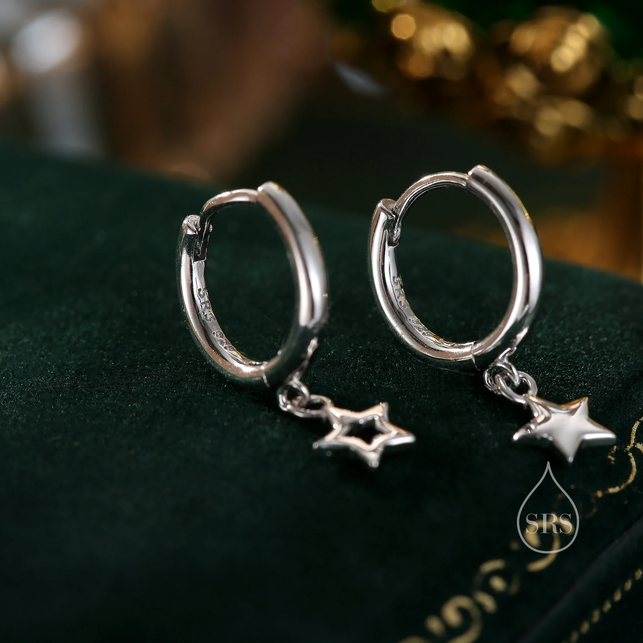 Mismatched Star Dangle Huggie Hoop Earrings in Sterling Silver, Silver or Gold or Rose Gold, Delicate Asymmetric Star Skinny Hoops - Image 4