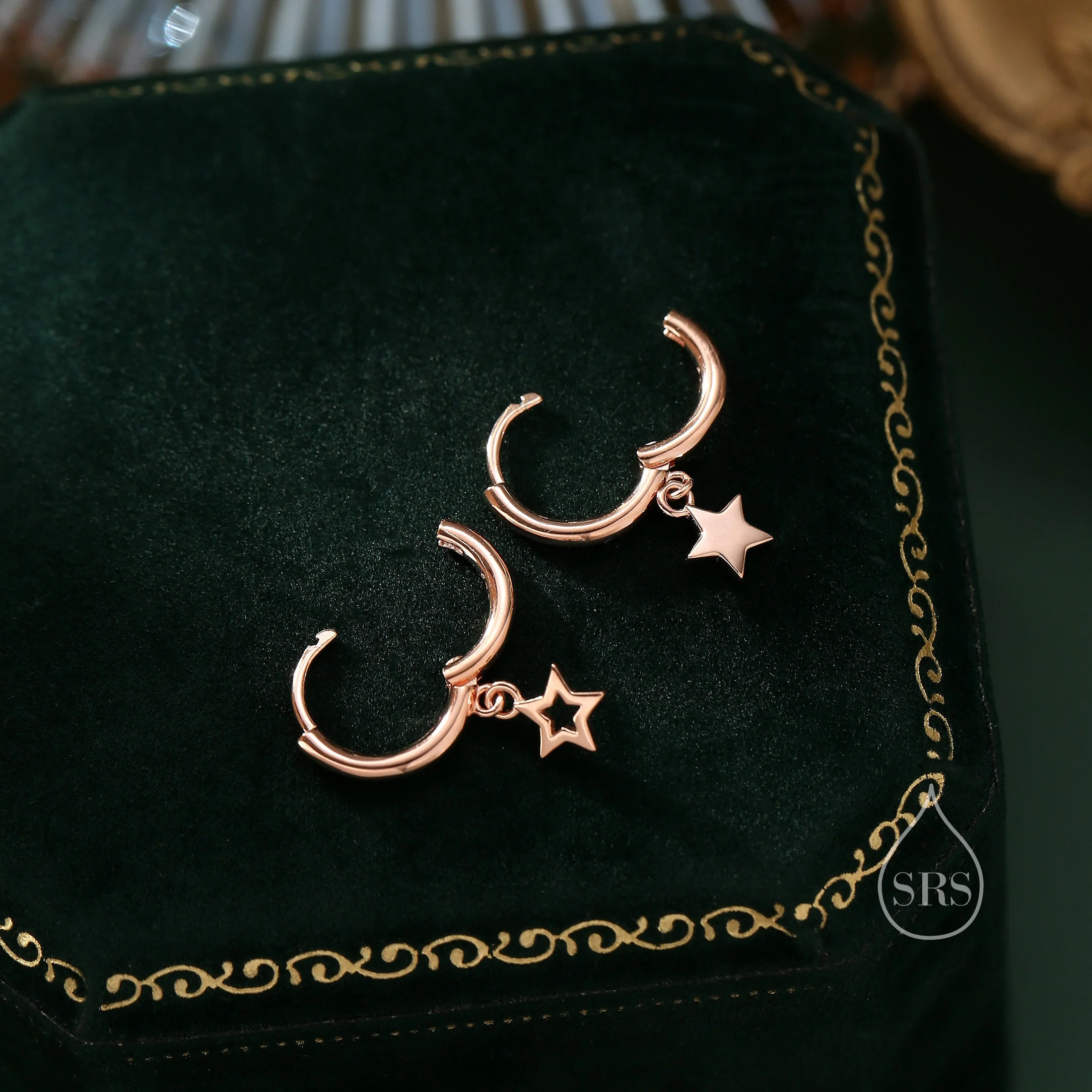 Mismatched Star Dangle Huggie Hoop Earrings in Sterling Silver, Silver or Gold or Rose Gold, Delicate Asymmetric Star Skinny Hoops - Image 5