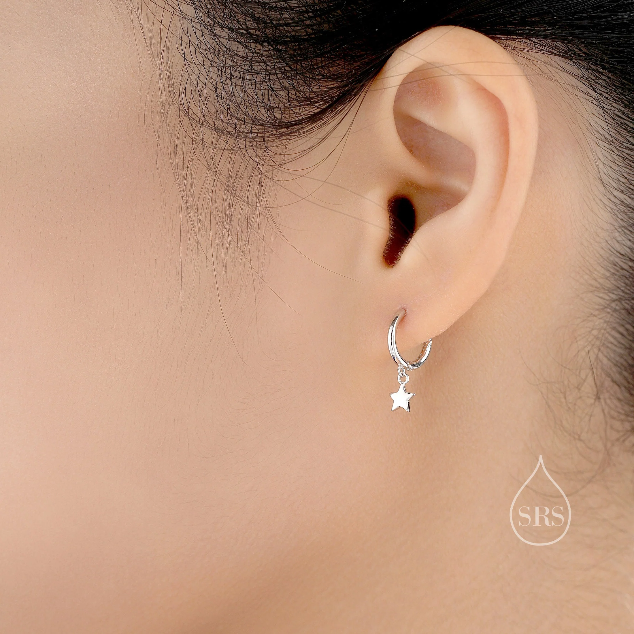 Mismatched Star Dangle Huggie Hoop Earrings in Sterling Silver, Silver or Gold or Rose Gold, Delicate Asymmetric Star Skinny Hoops - Image 8