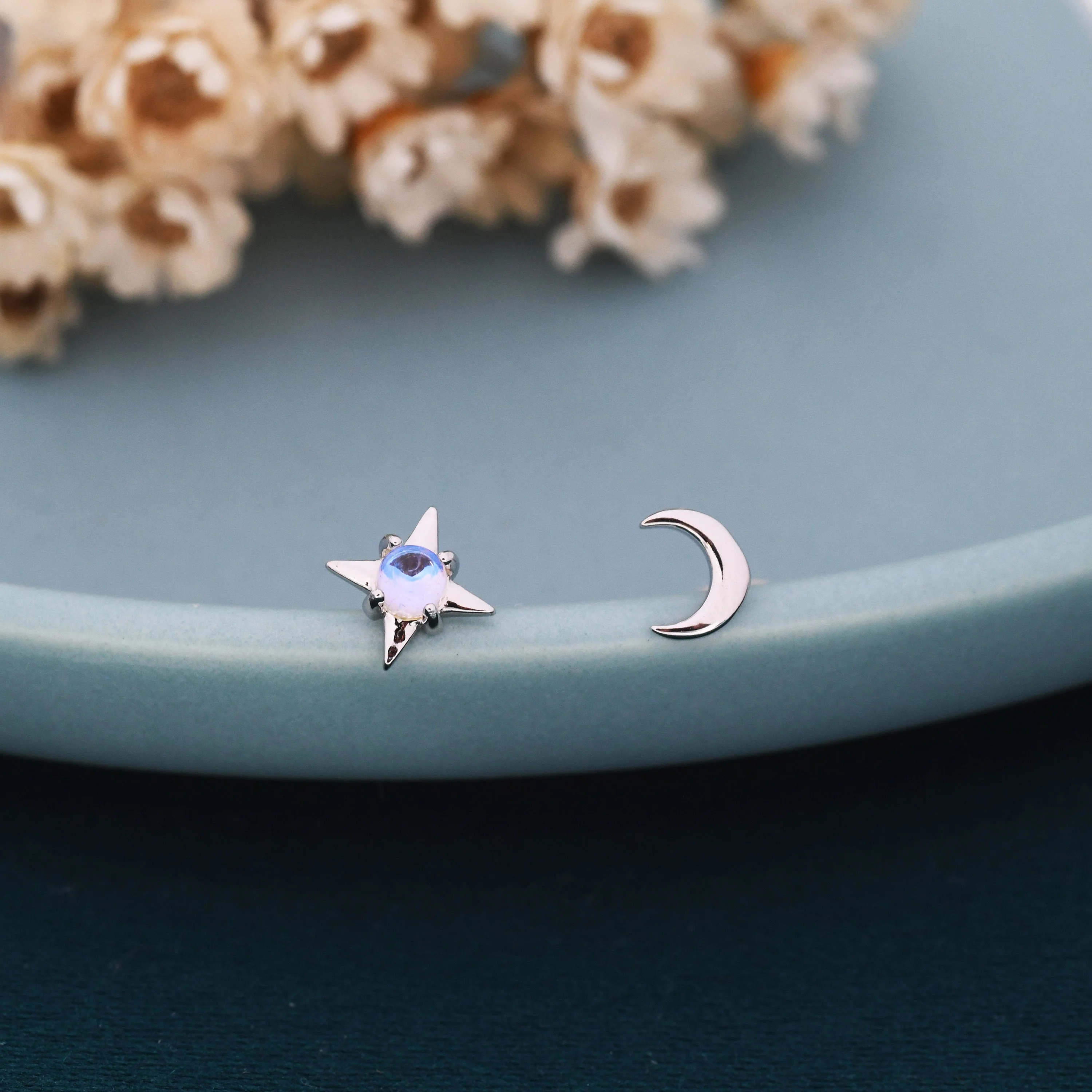 Mismatched Starburst and Moon Stud Earrings in Sterling Silver with Lab Moonstone, Asymmetric Moonstone Star and Moon Earrings - Image 4