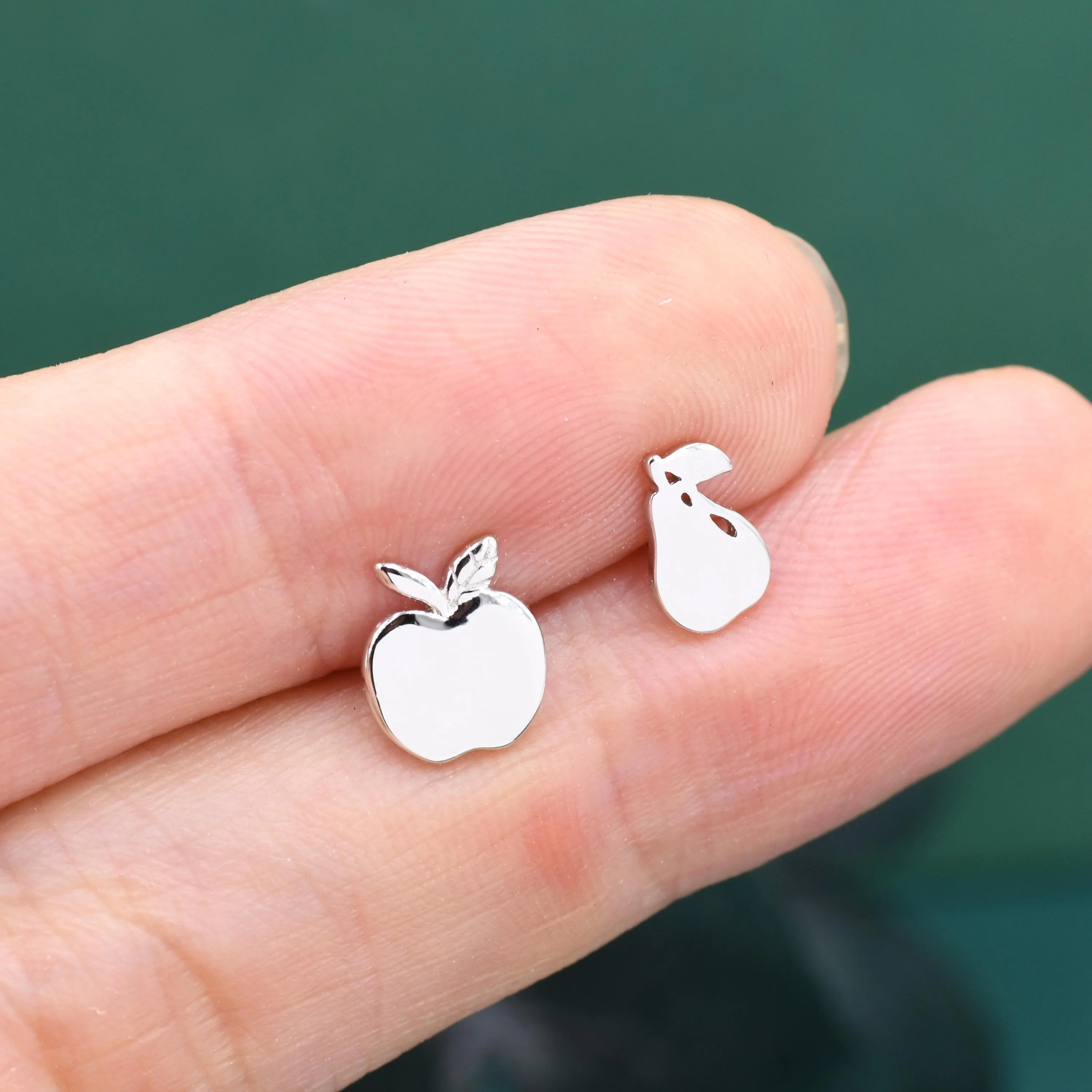 Mismatched Sterling Silver Apple & Pear Stud Earrings – Minimalist Fruit Asymmetric Earrings, Cute Nature Jewellery, Playful Gift for Her - Image 4