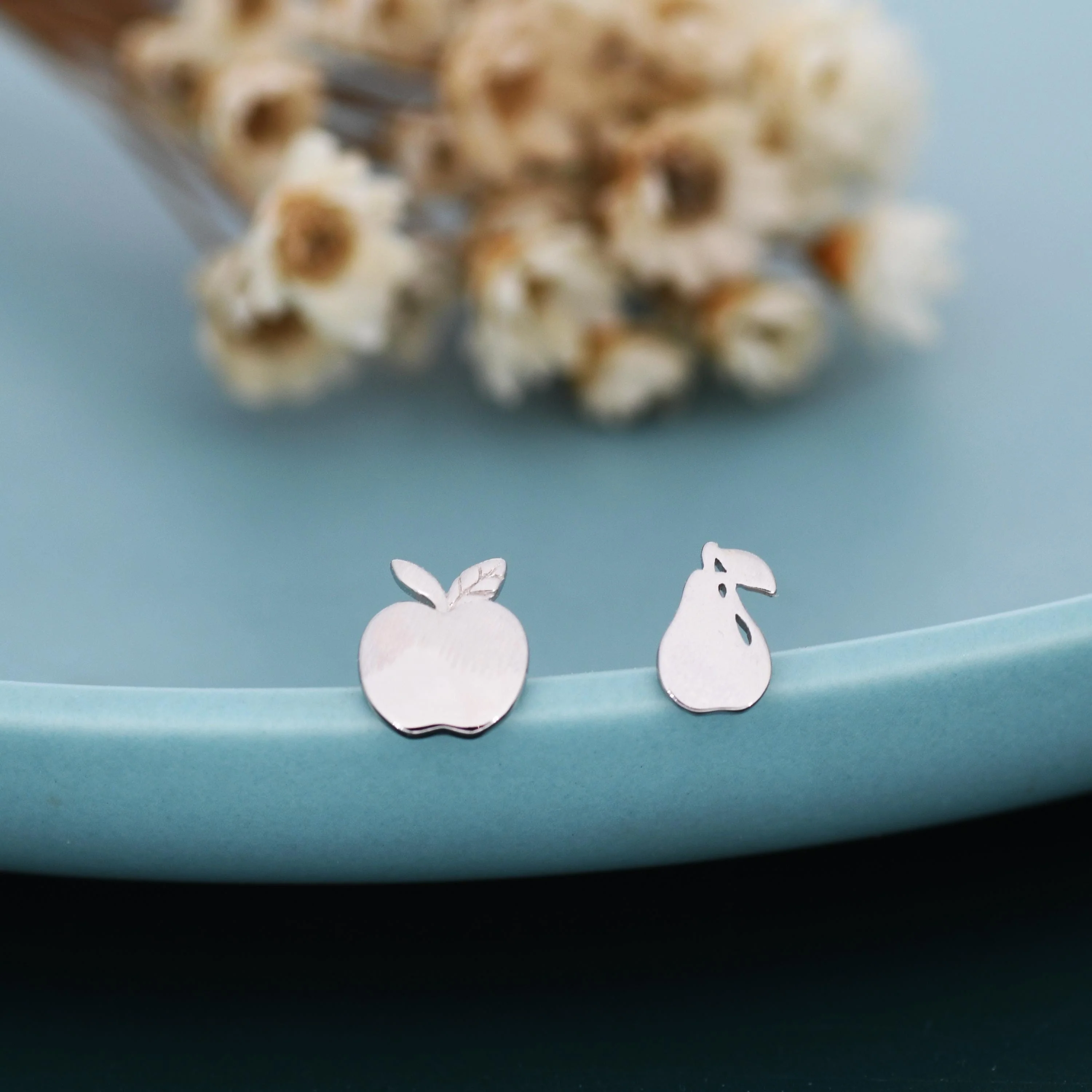 Mismatched Sterling Silver Apple & Pear Stud Earrings – Minimalist Fruit Asymmetric Earrings, Cute Nature Jewellery, Playful Gift for Her - Image 5
