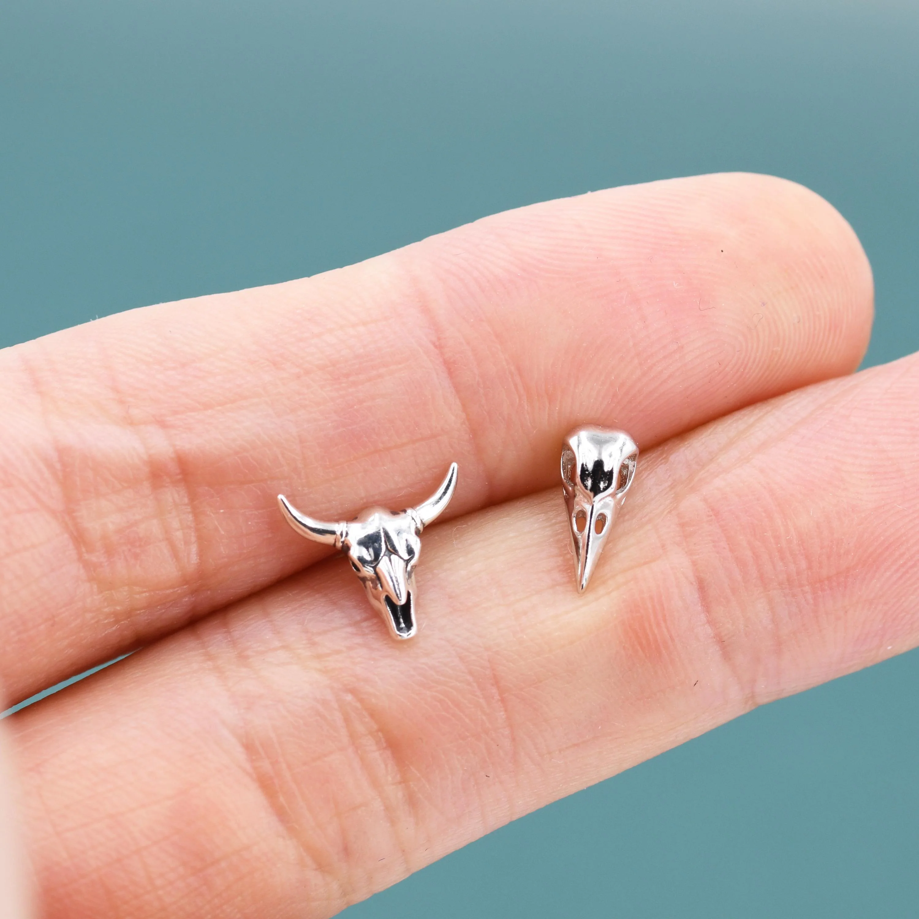 Mismatched Sterling Silver Bird Skull and Bull Skull Stud Earrings, Silver or Gold or Rose Gold, Bird Skeleton Earrings in Sterling Silver - Image 9