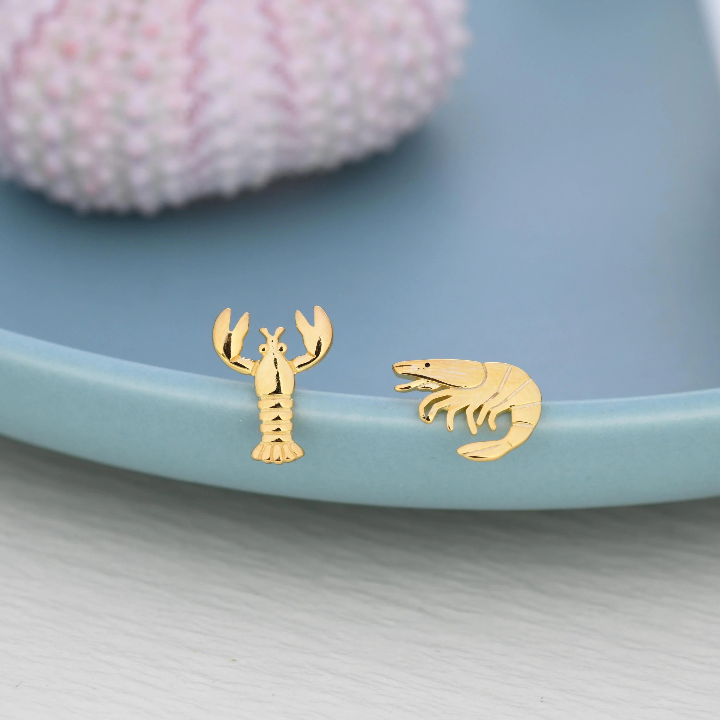 Mismatched Sterling Silver Lobster and Prawn Stud Earrings, Asymmetric Shrimp and Lobster Ocean Creature Earrings, Cute and Quirky - Image 2