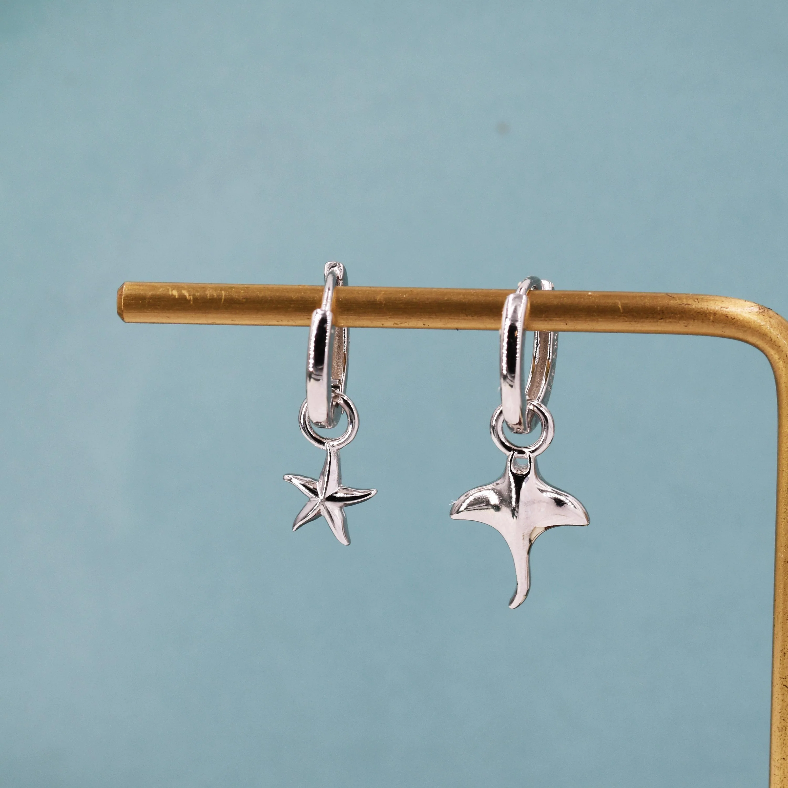 Mismatched Sterling Silver Manta Ray Fish and Starfish Huggie Hoop Earrings, Asymmetric Sea Star and Stingray Dangle Hoop Earrings,