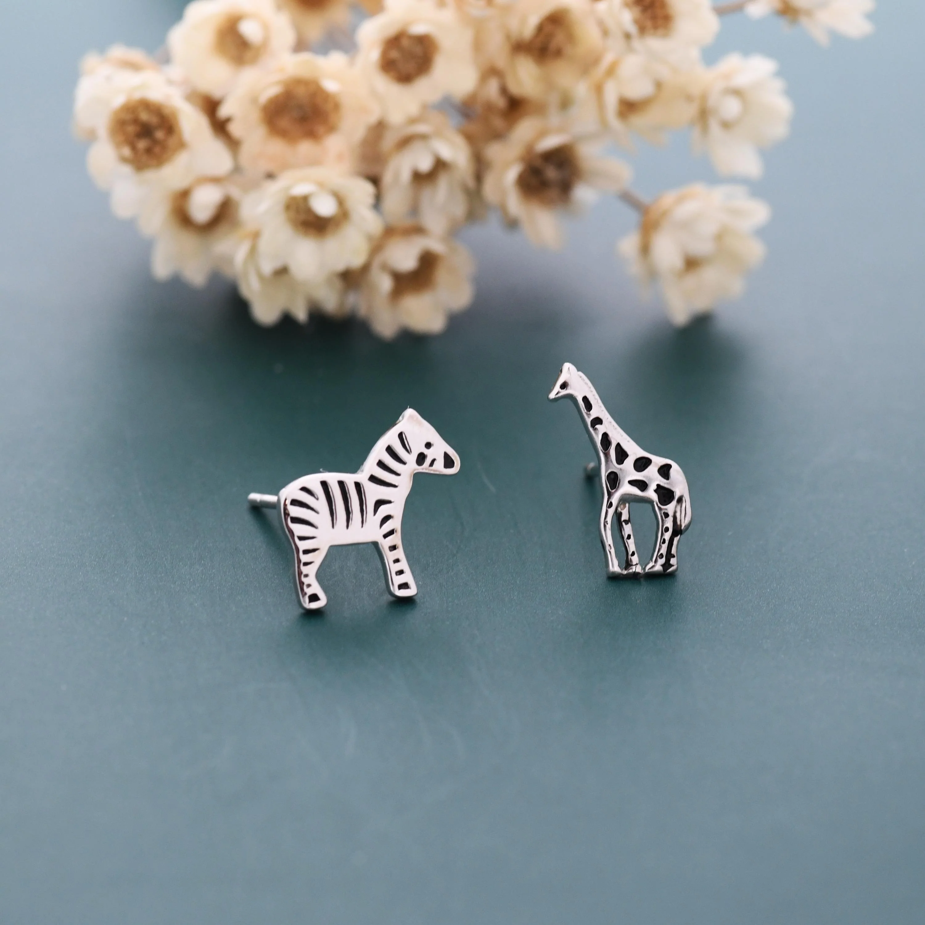 Mismatched Sterling Silver Zebra and Giraffe Stud Earrings, Asymmetric Giraffe and Zebra Earrings in Sterling Silver, Safari Animal Earrings - Image 4