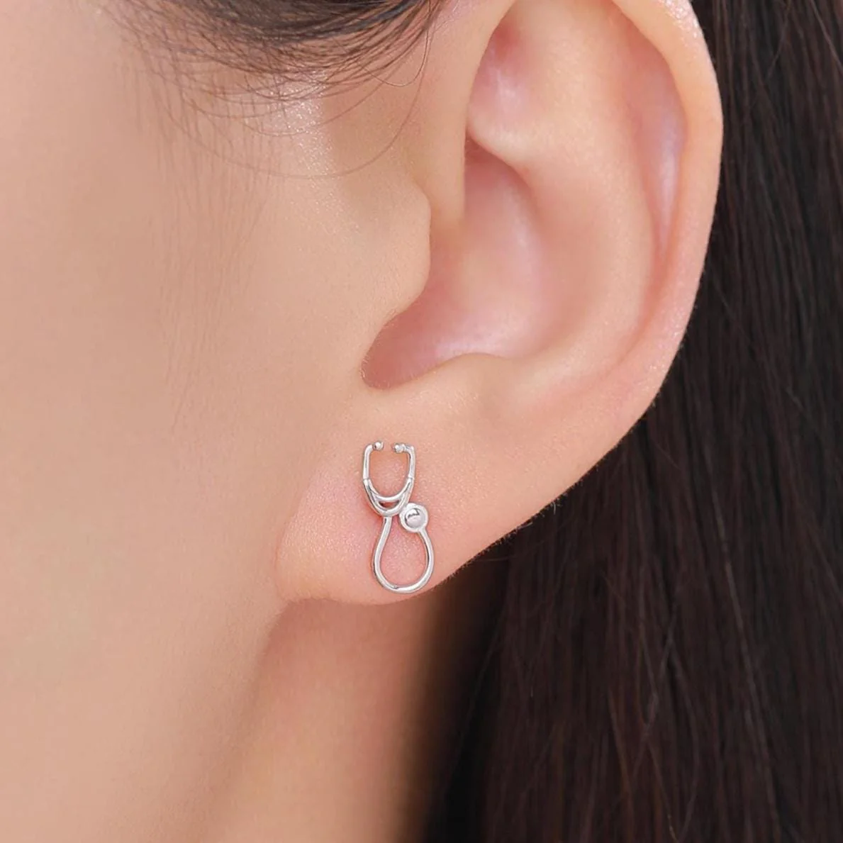 Mismatched Stethoscope and Heartbeat Stud Earrings in Sterling Silver, Available in Silver, Gold or Rose Gold Finish - Image 3