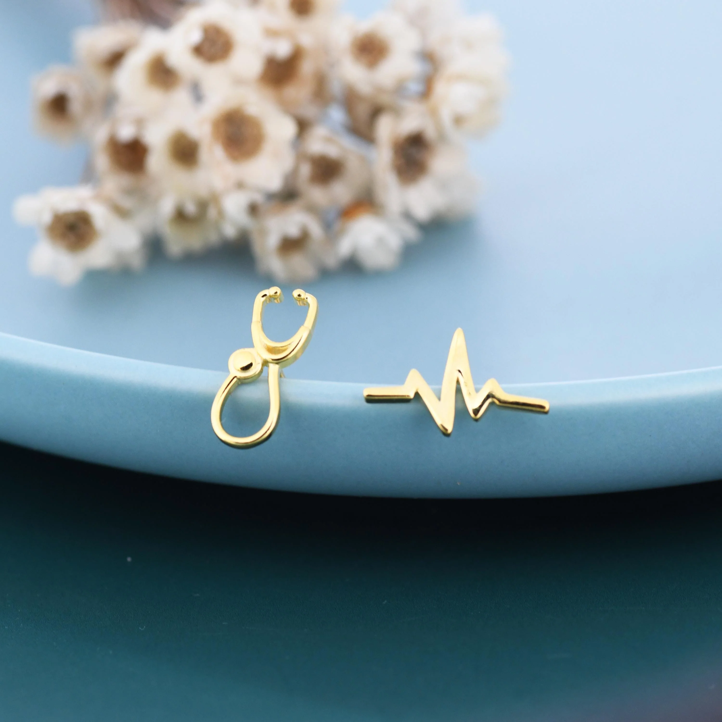 Mismatched Stethoscope and Heartbeat Stud Earrings in Sterling Silver, Available in Silver, Gold or Rose Gold Finish - Image 4