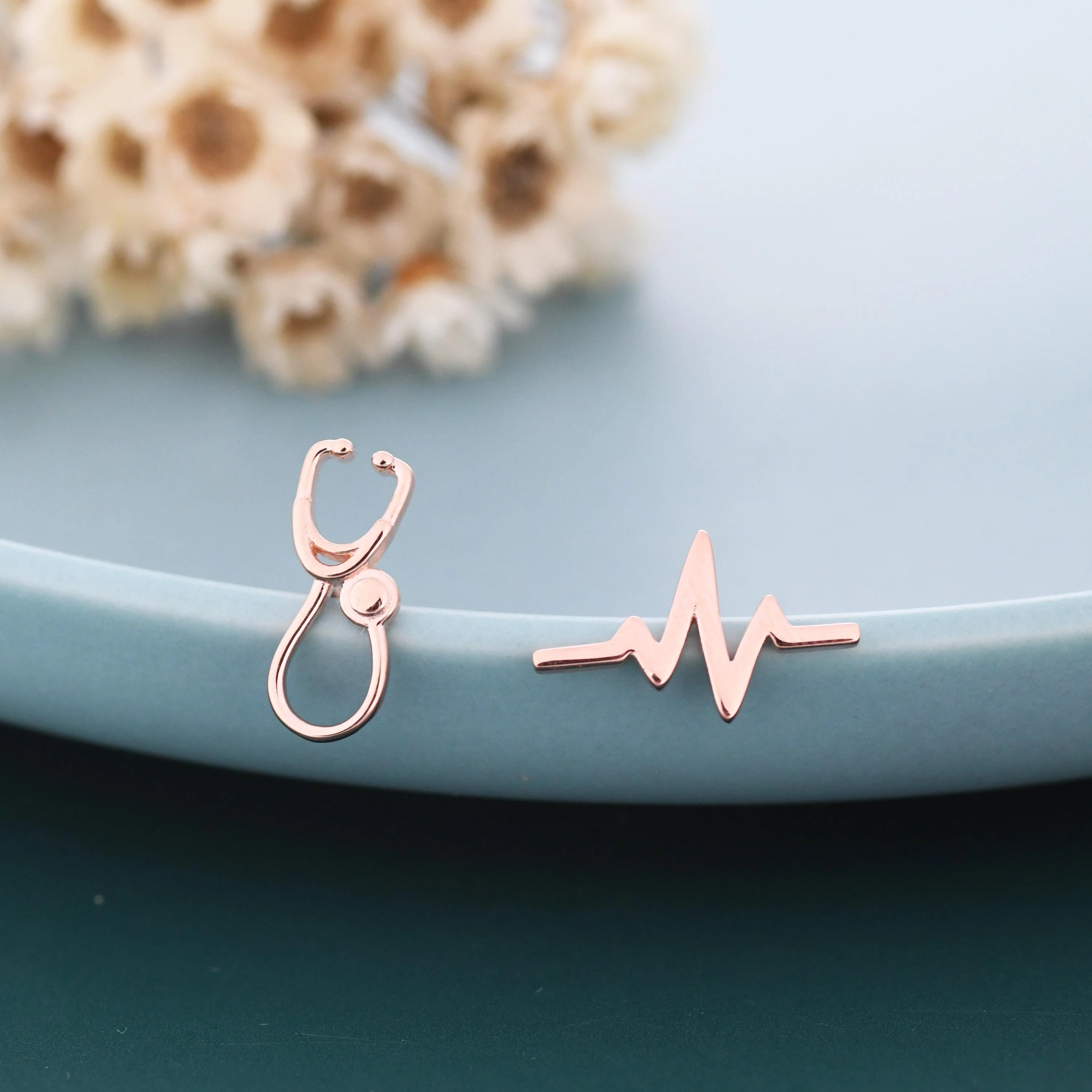 Mismatched Stethoscope and Heartbeat Stud Earrings in Sterling Silver, Available in Silver, Gold or Rose Gold Finish - Image 5