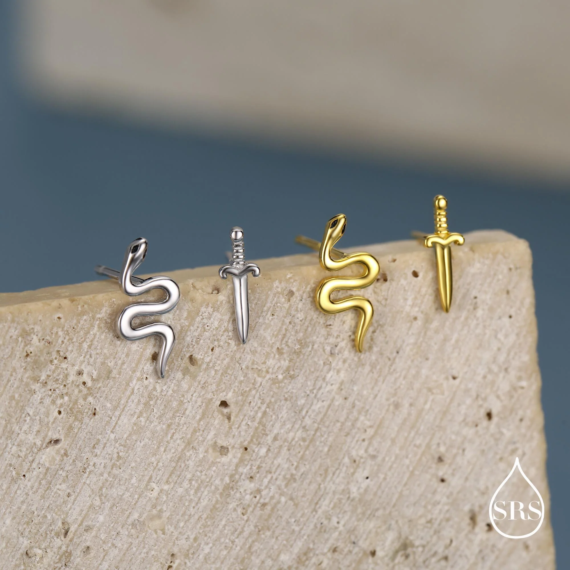 Mismatched Sword and Snake Stud Earrings in Sterling Silver, Silver or Gold Finish, Asymmetric Snake and Sword Earrings - Image 4