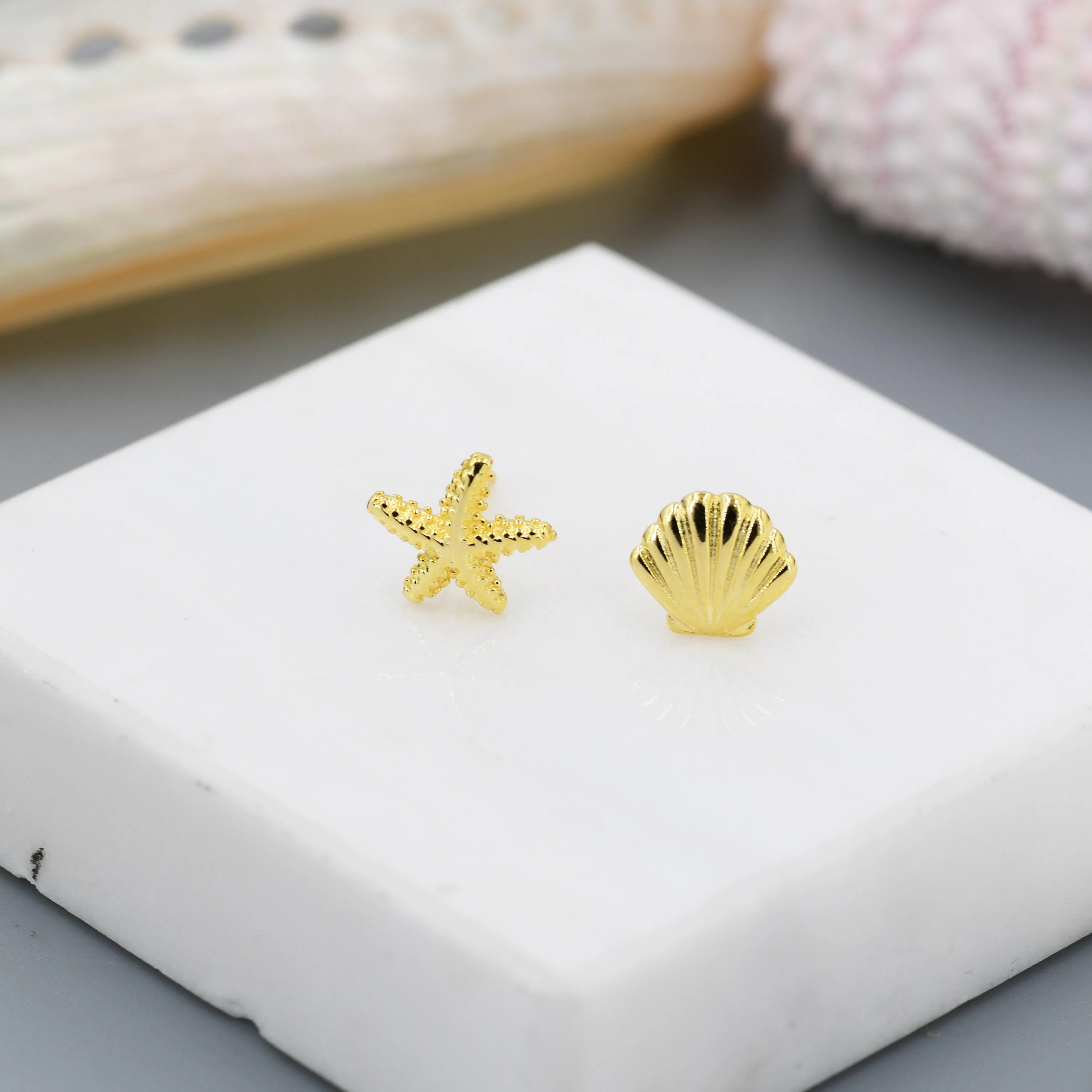Mismatched Tiny Seashell and Starfish Stud Earrings in Sterling Silver, Silver, Gold or Rose Gold, Asymmetric Shell and Sea Star Earrings - Image 6