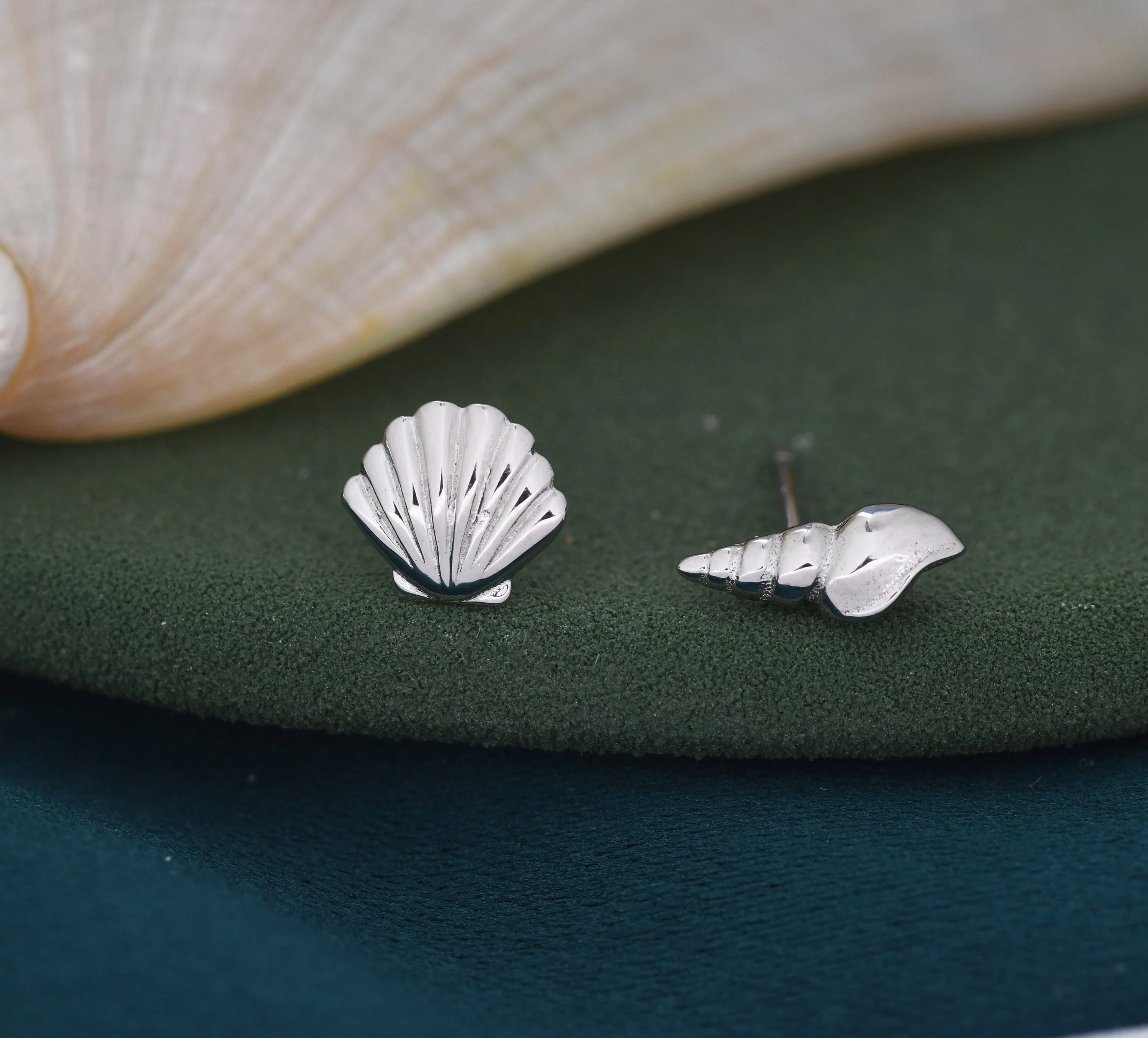 Mismatched Tiny Seashell Stud Earrings in Sterling Silver, Asymmetric Shell Earrings - Image 3