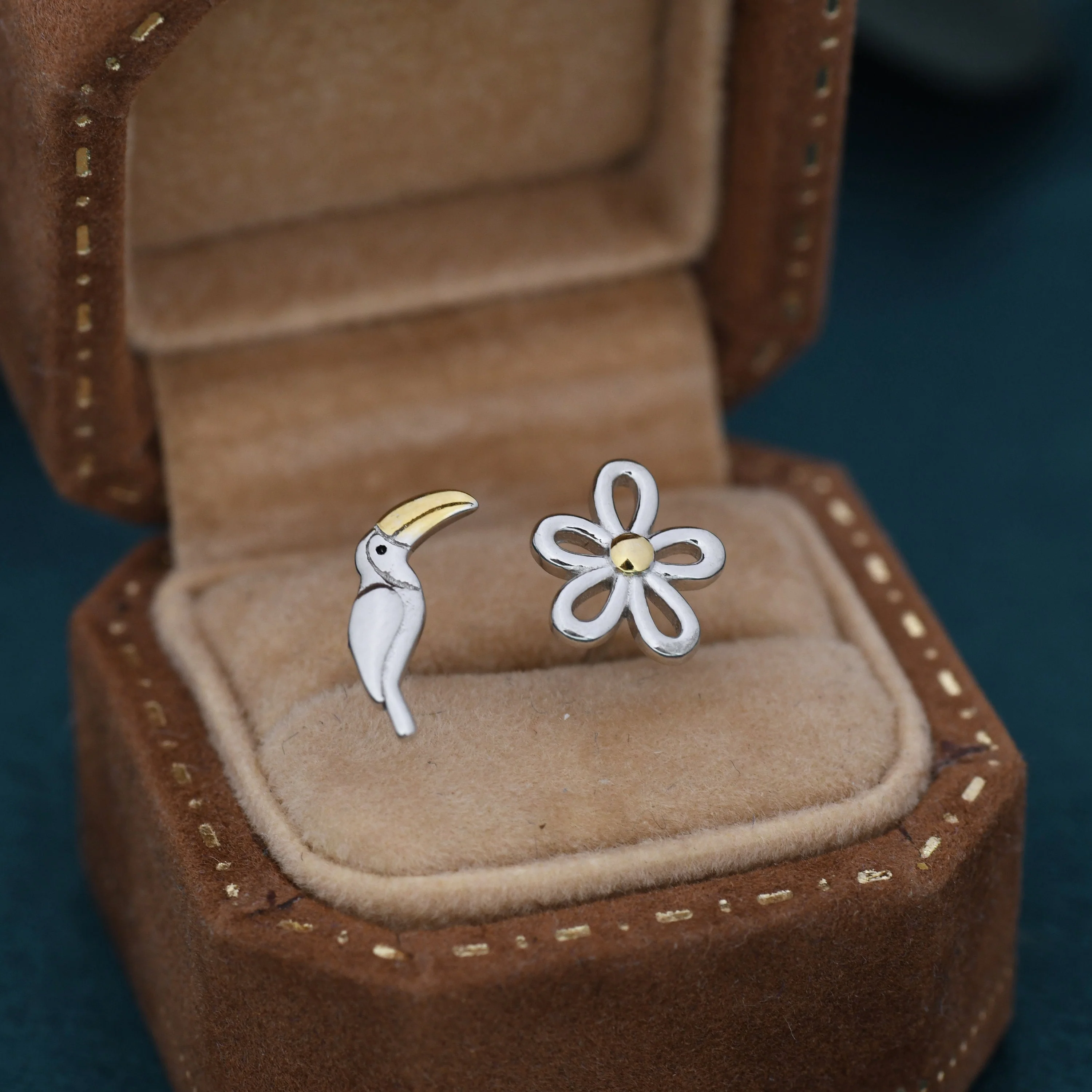 Mismatched Toucan and Flower Stud Earrings in Sterling Silver, Asymmetric Toucan Bird and Daisy Earrings - Image 3