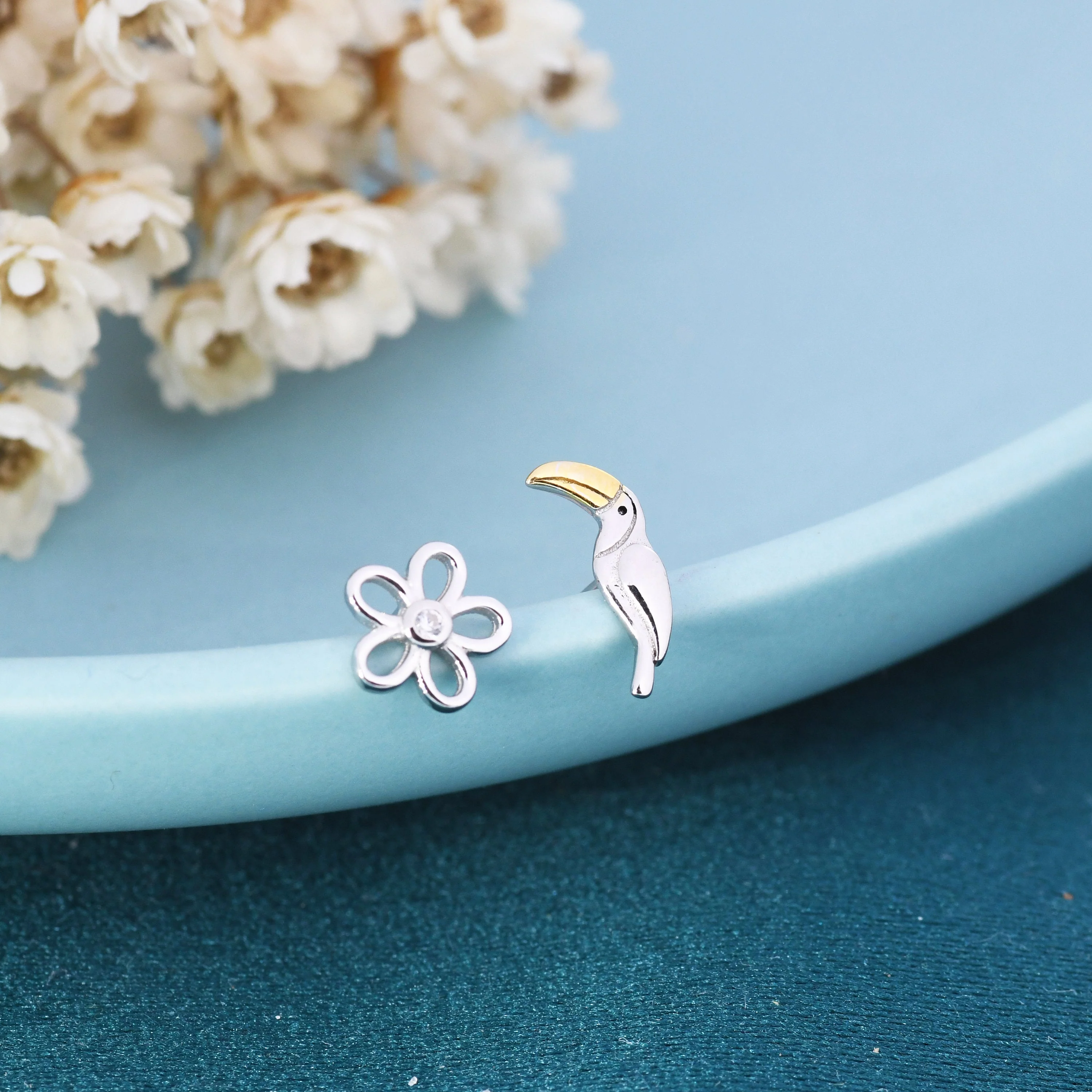 Mismatched Toucan and Flower Stud Earrings in Sterling Silver, Asymmetric Toucan Bird and Daisy Earrings - Image 4