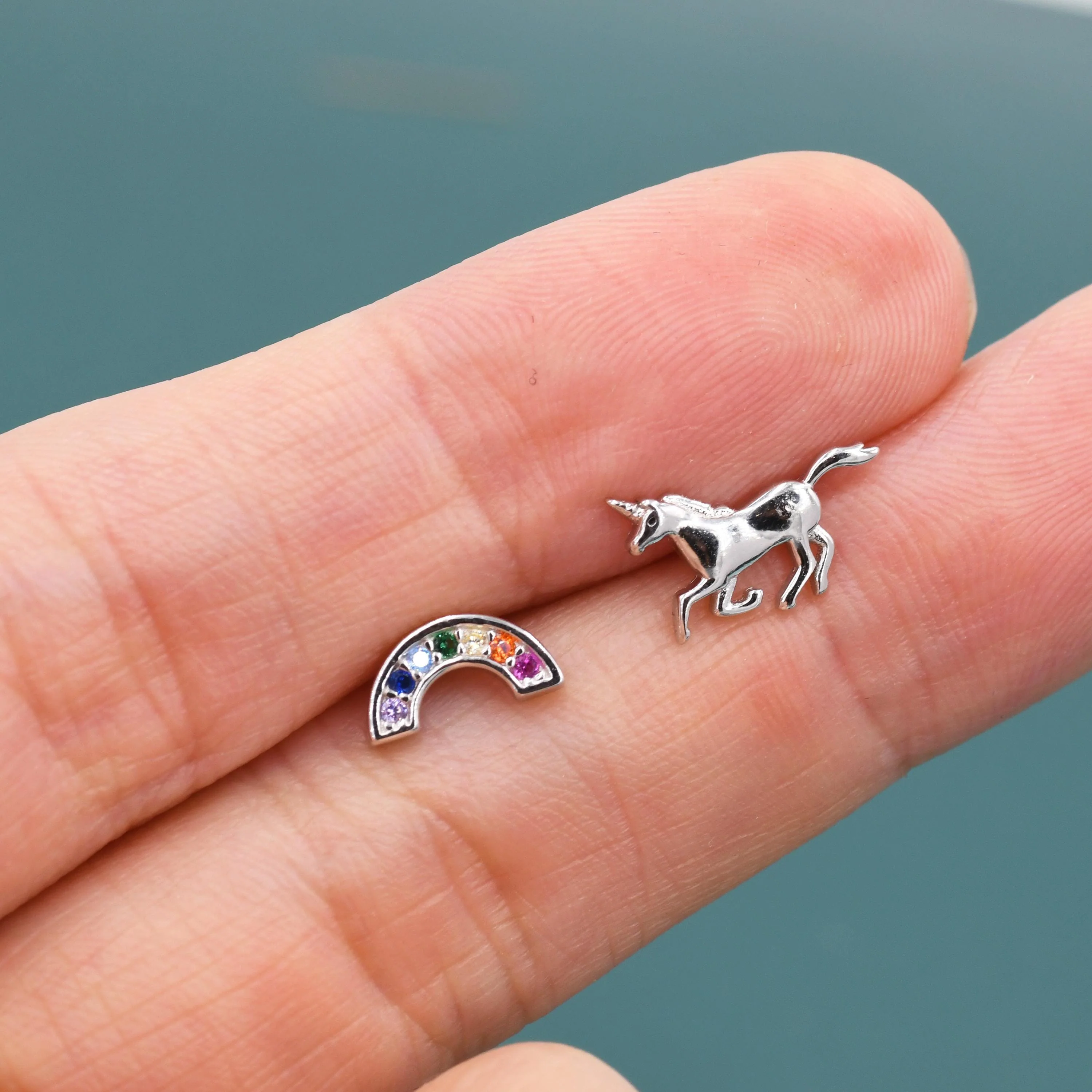 Mismatched Unicorn and Rainbow Stud Earrings in Sterling Silver, Silver or Gold Finish, Asymmetric Unicorn Earrings, Unicorn Horse Earrings - Image 4