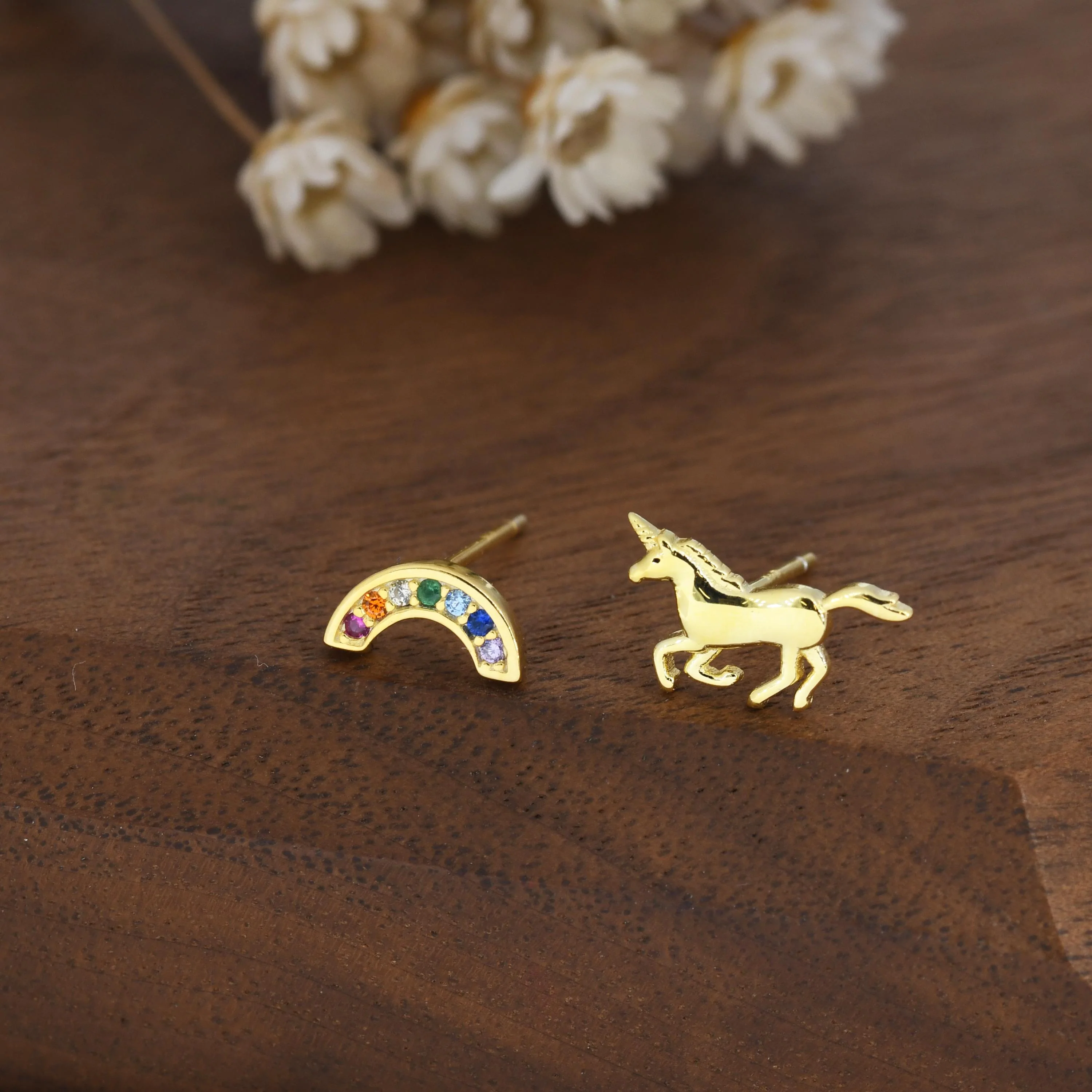Mismatched Unicorn and Rainbow Stud Earrings in Sterling Silver, Silver or Gold Finish, Asymmetric Unicorn Earrings, Unicorn Horse Earrings - Image 6