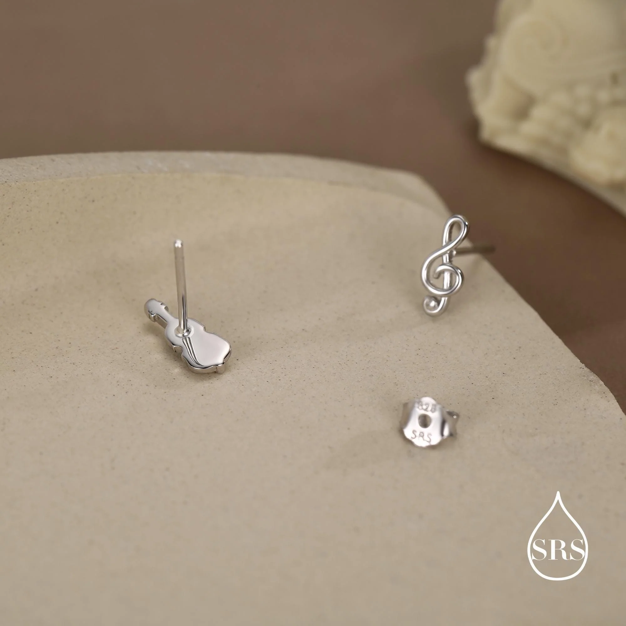 Mismatched Violin and Music Note Stud Earrings in Sterling Silver, Asymmetric Violin and Music Earrings - Image 3